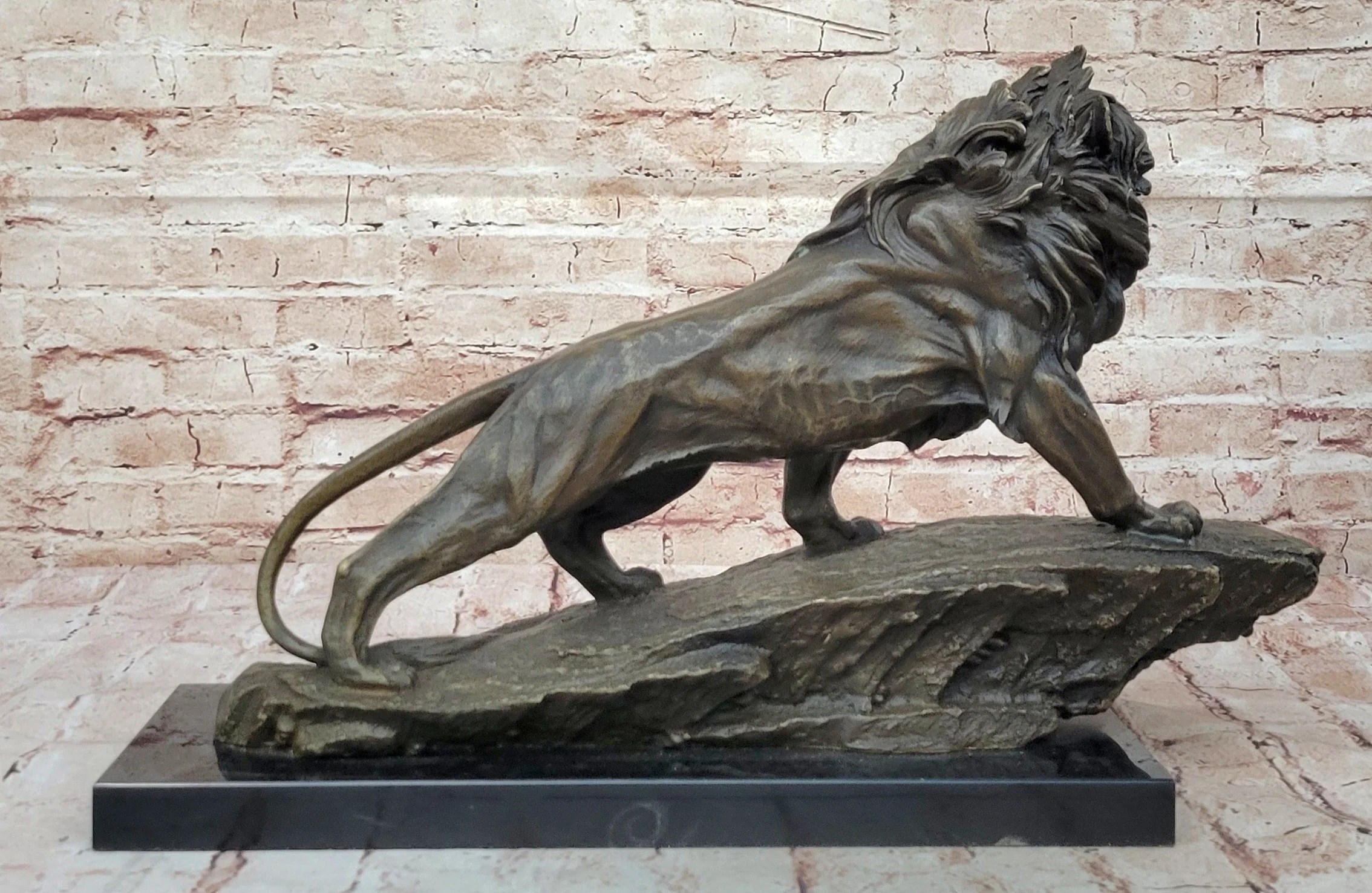 Standing Lion Bronze Sculpture; Detailed Wildlife Artwork on Marble Base - Image 5
