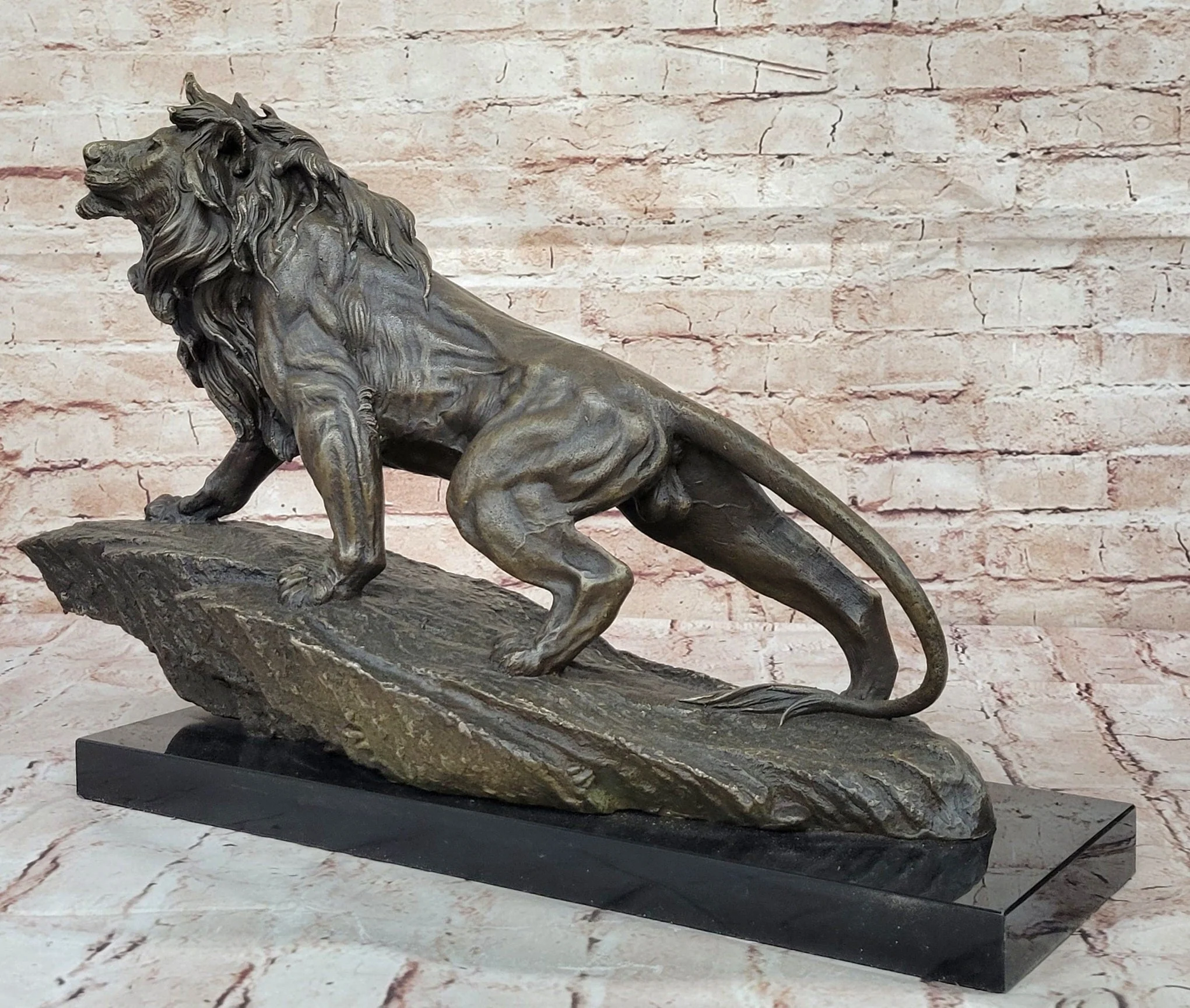 Standing Lion Bronze Sculpture; Detailed Wildlife Artwork on Marble Base - Image 7