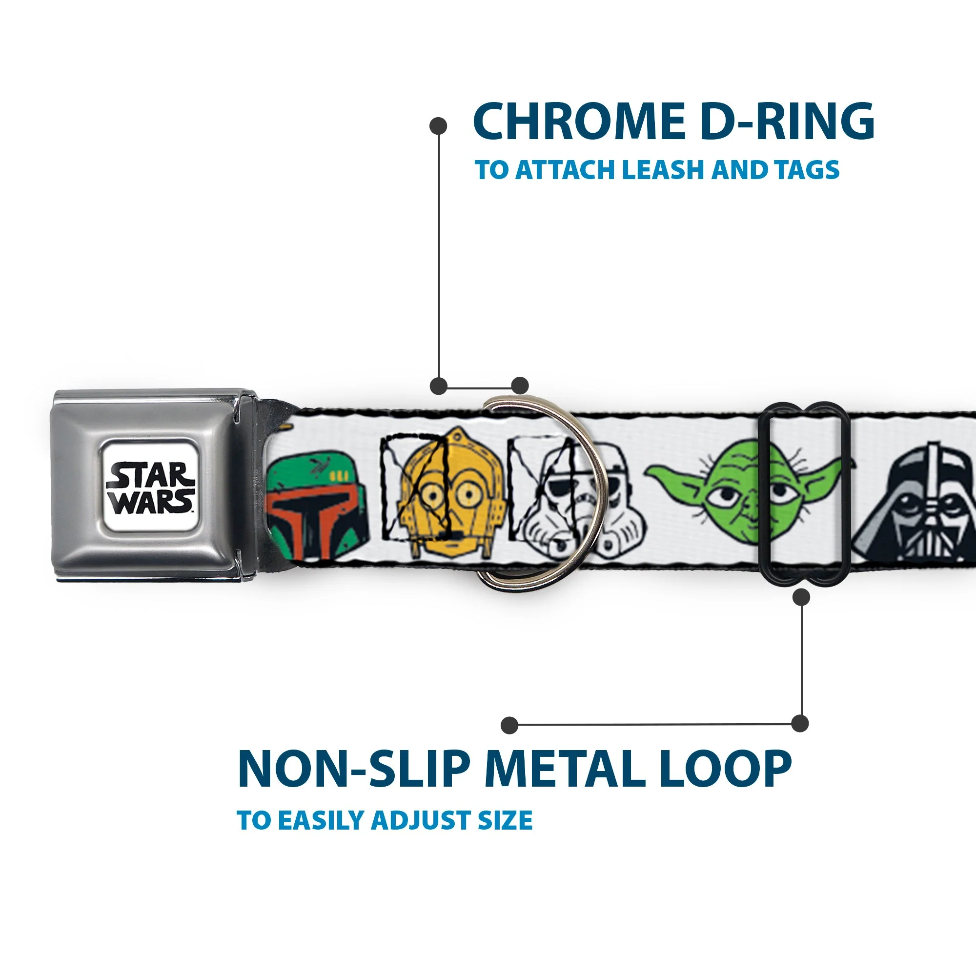 STAR WARS Doodle Logo Full Color White/Black Seatbelt Buckle Collar - Star Wars 6-Character Faces White - Image 5