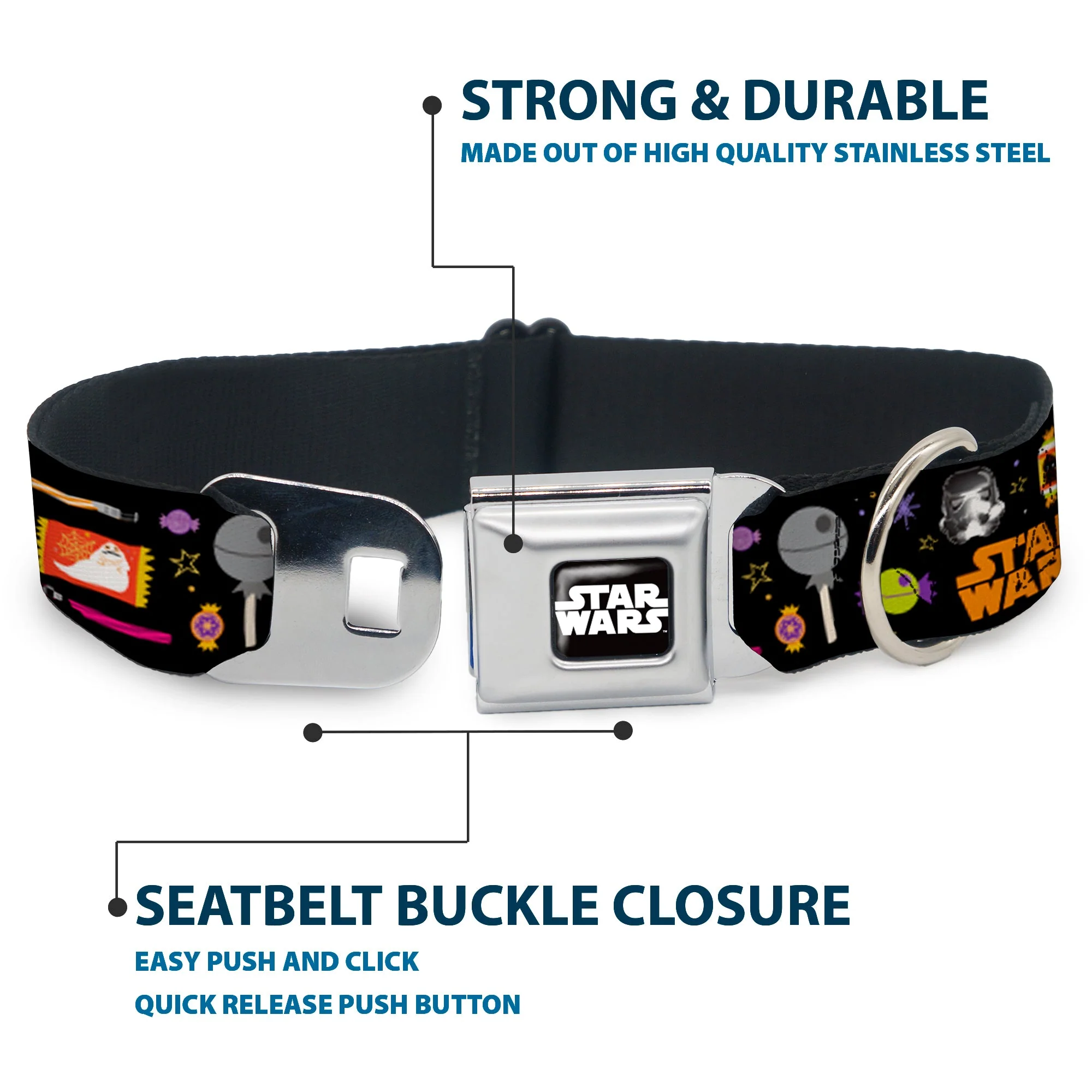 STAR WARS Logo Black/White Seatbelt Buckle Collar - Star Wars Festive Candy Icons Collage Black/Multi Color - Image 4