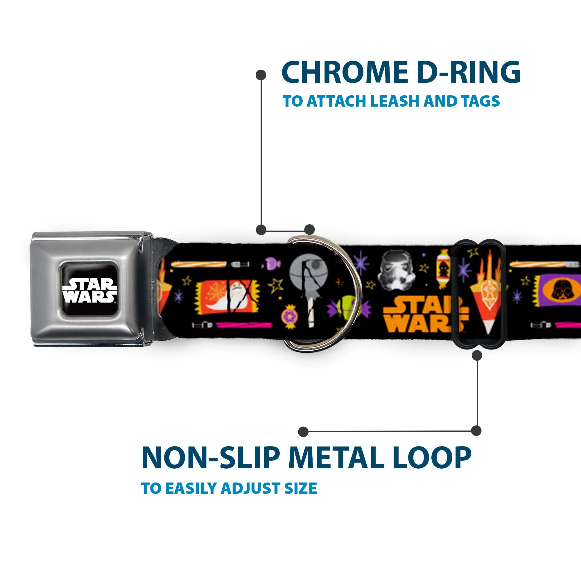 STAR WARS Logo Black/White Seatbelt Buckle Collar - Star Wars Festive Candy Icons Collage Black/Multi Color - Image 5