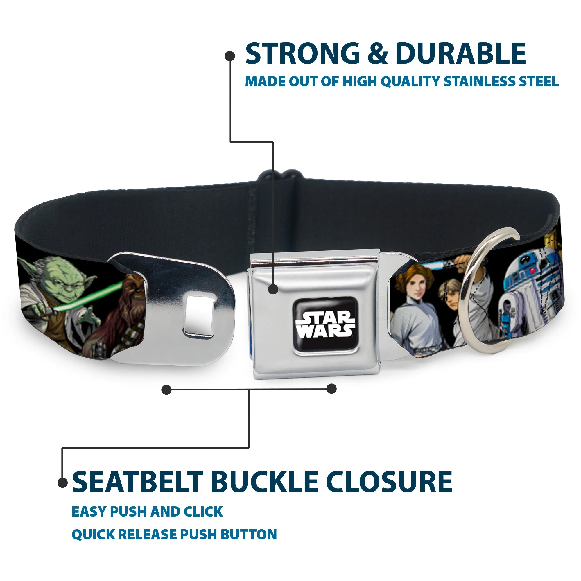 STAR WARS Logo Full Color Black/White Seatbelt Buckle Collar - Star Wars Classic Character Poses Black - Image 4