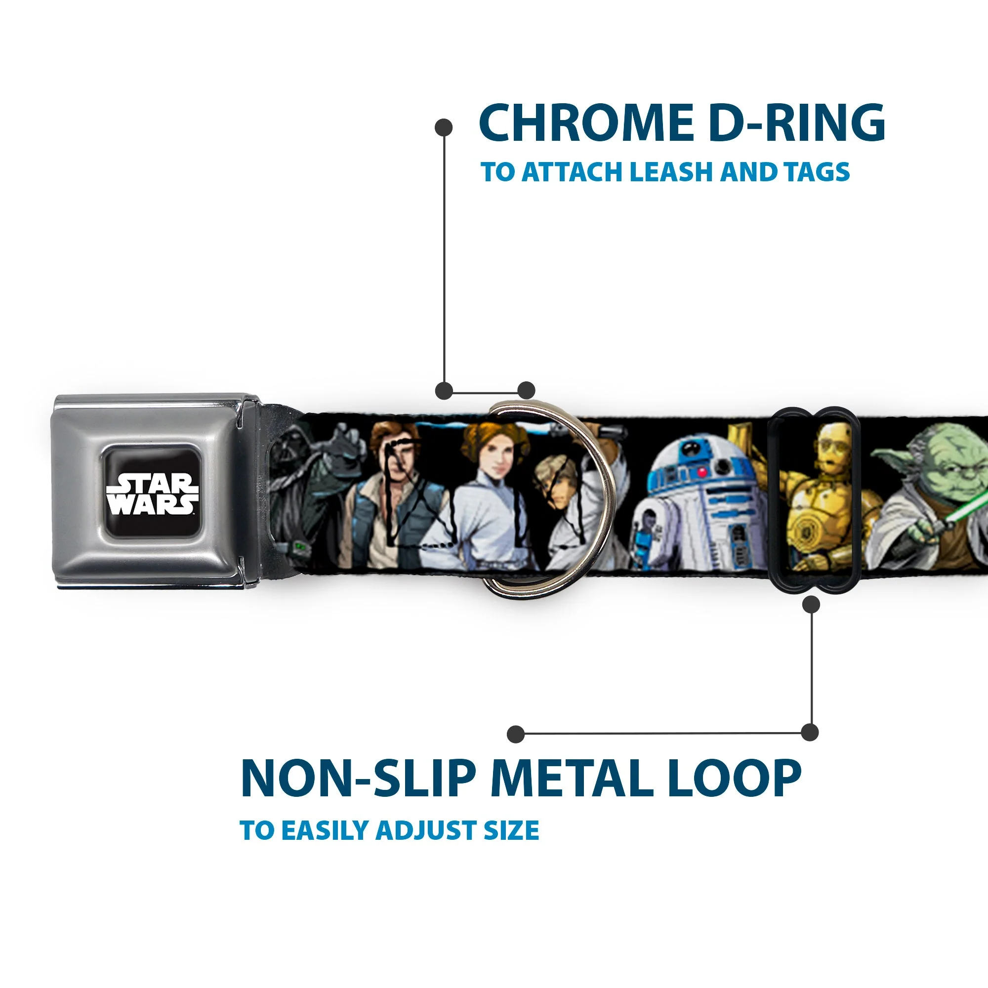 STAR WARS Logo Full Color Black/White Seatbelt Buckle Collar - Star Wars Classic Character Poses Black - Image 5