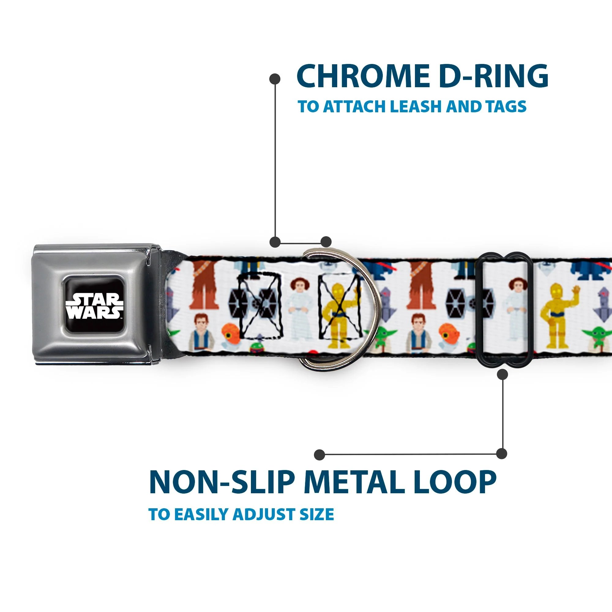 STAR WARS Logo Full Color Black/White Seatbelt Buckle Collar - Star Wars Classic Characters and Icons Collage White - Image 5