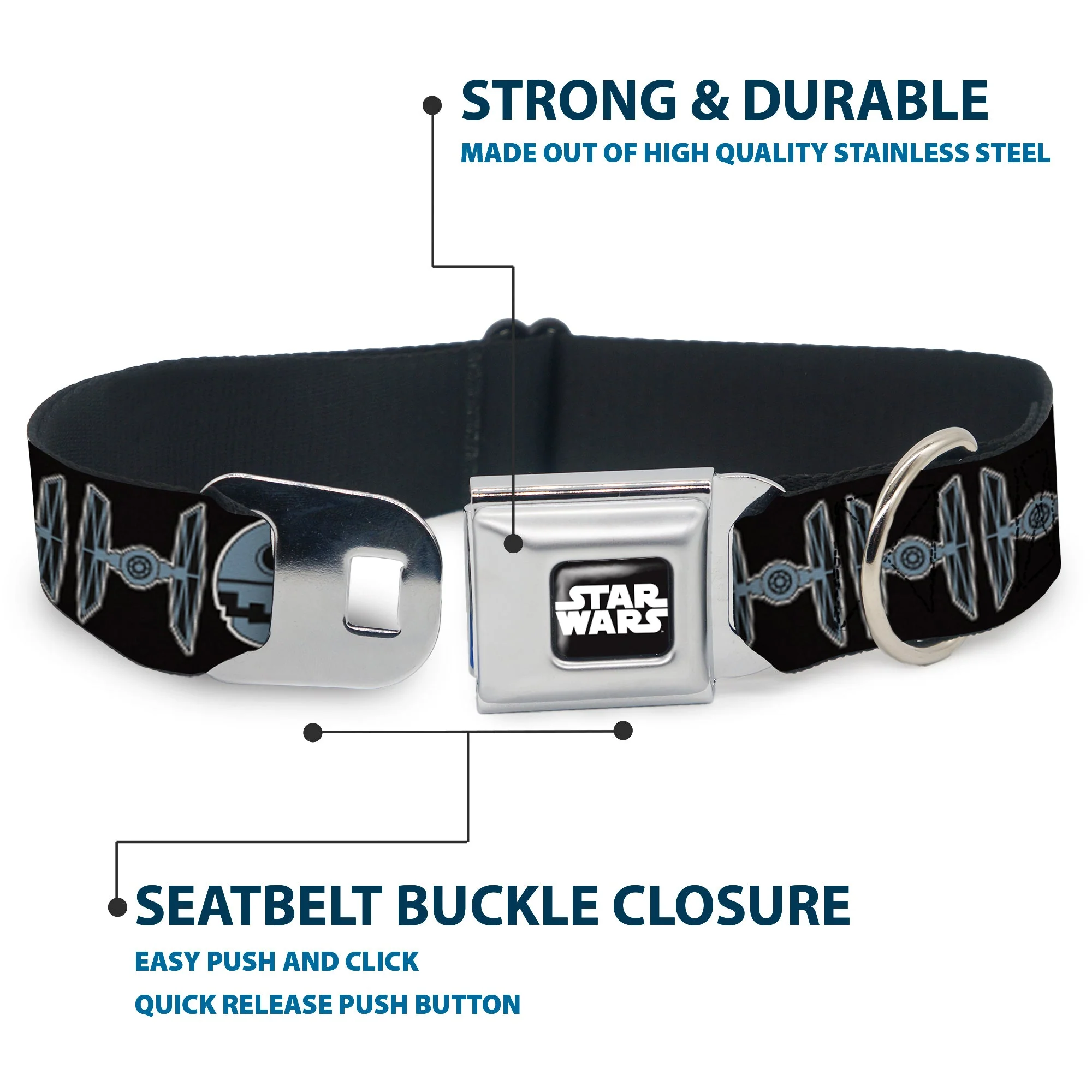 STAR WARS Logo Full Color Black/White Seatbelt Buckle Collar - Star Wars Death Star and TIE Fighters Black/Gray - Image 4