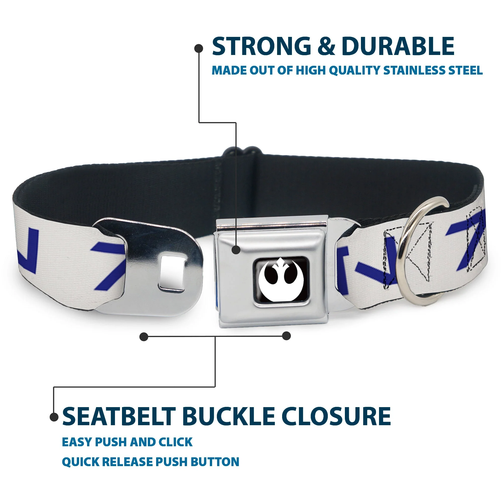 Star Wars Rebel Alliance Insignia Full Color Black/White Seatbelt Buckle Collar - Star Wars Aurebesh REBEL White/Blue - Image 4