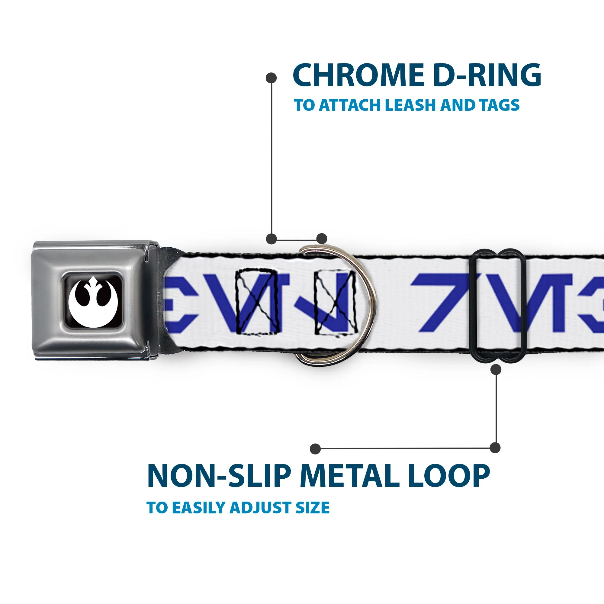 Star Wars Rebel Alliance Insignia Full Color Black/White Seatbelt Buckle Collar - Star Wars Aurebesh REBEL White/Blue - Image 5