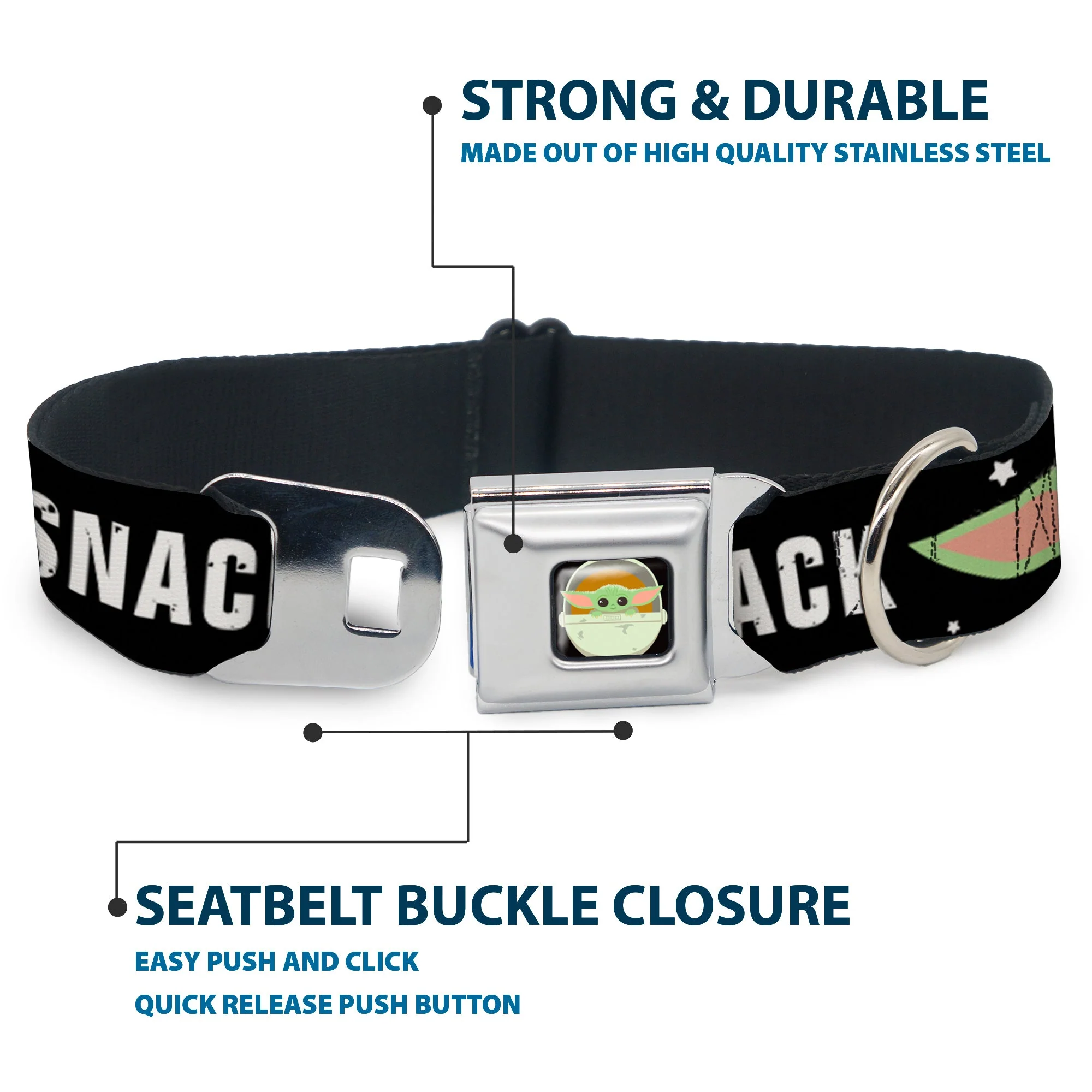 Star Wars The Child Chibi Pod Pose Full Color Black Seatbelt Buckle Collar - Star Wars The Child Chibi Face PROTECT ATTACK SNACK Black/White - Image 4