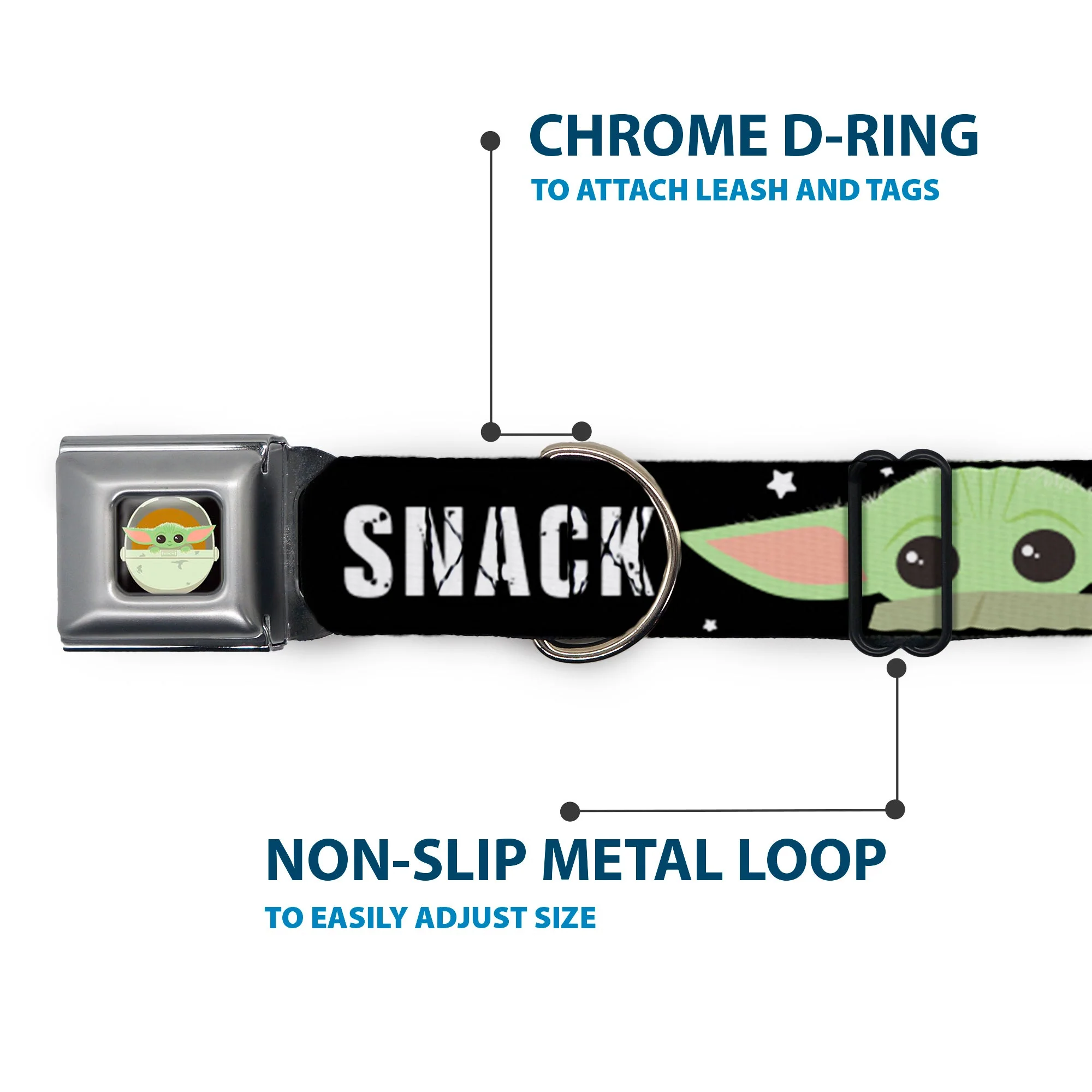 Star Wars The Child Chibi Pod Pose Full Color Black Seatbelt Buckle Collar - Star Wars The Child Chibi Face PROTECT ATTACK SNACK Black/White - Image 5