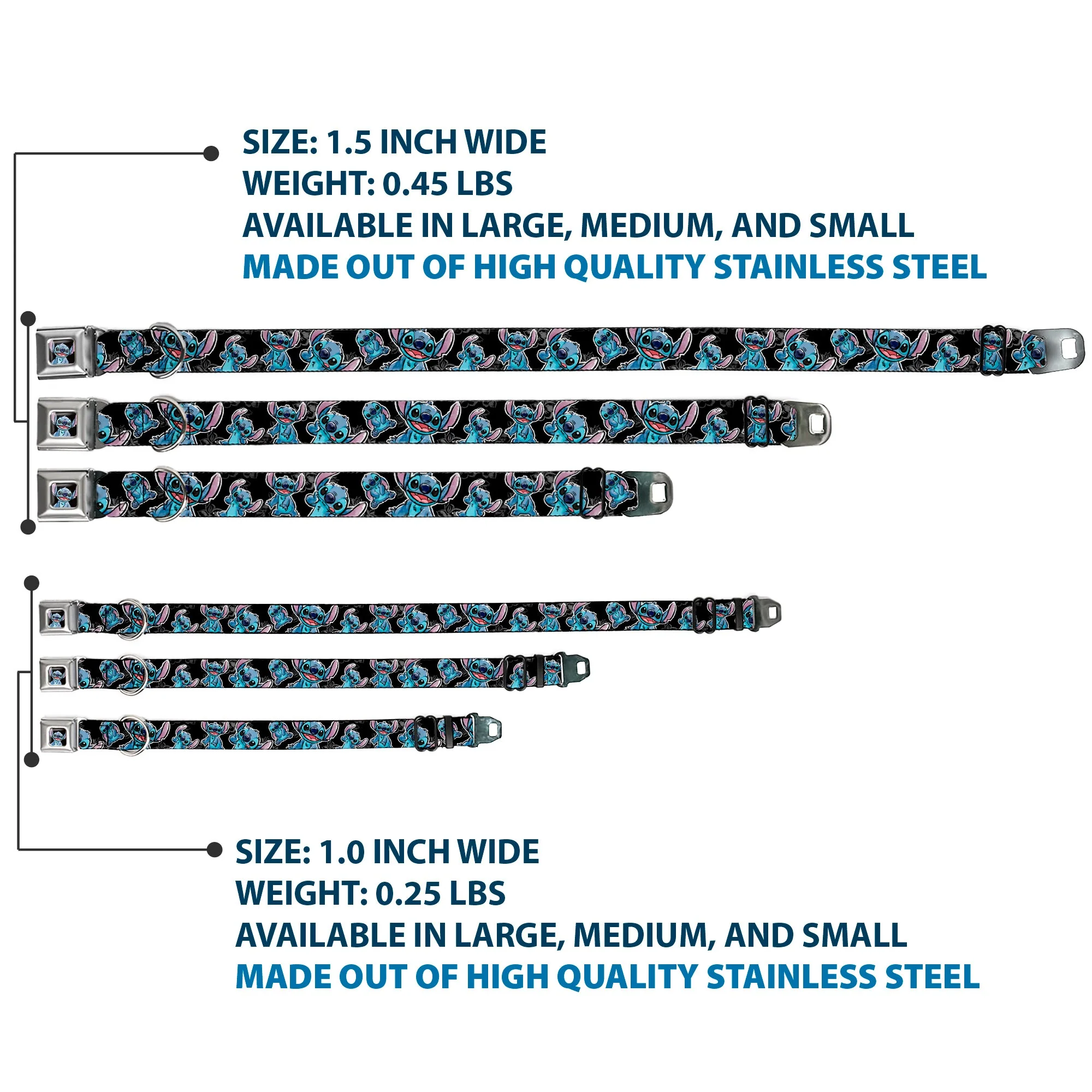 Stitch Face Sketch CLOSE-UP Full Color Black Seatbelt Buckle Collar - Stitch Poses/Hibiscus Sketch Black/Gray/Blue - Image 3