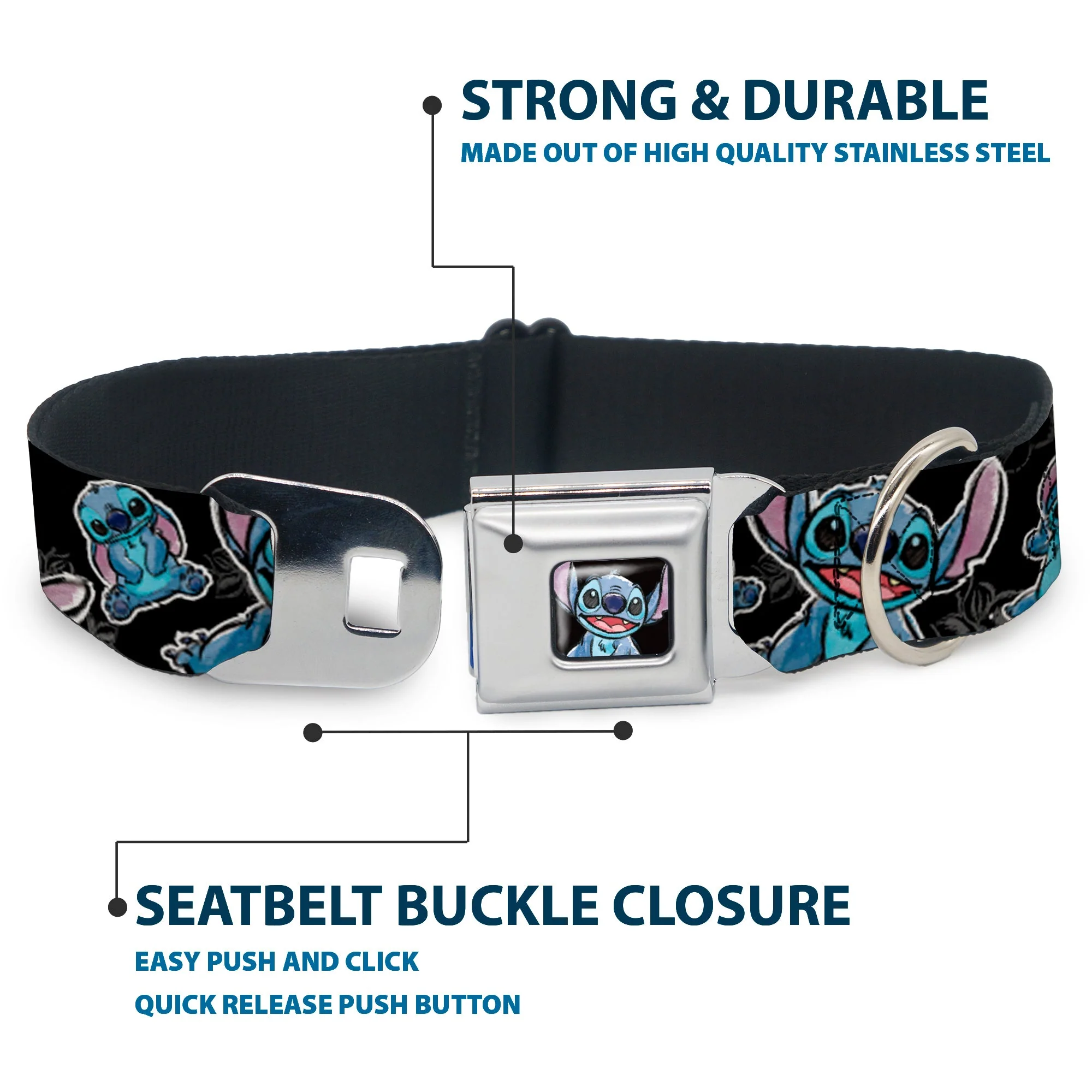 Stitch Face Sketch CLOSE-UP Full Color Black Seatbelt Buckle Collar - Stitch Poses/Hibiscus Sketch Black/Gray/Blue - Image 4