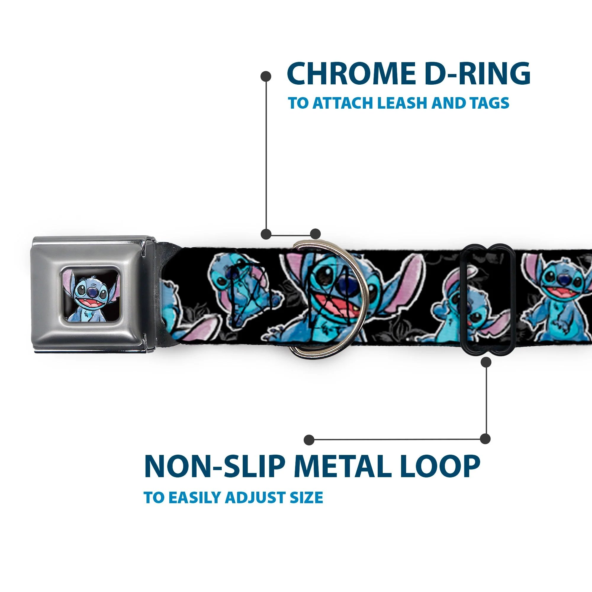 Stitch Face Sketch CLOSE-UP Full Color Black Seatbelt Buckle Collar - Stitch Poses/Hibiscus Sketch Black/Gray/Blue - Image 5