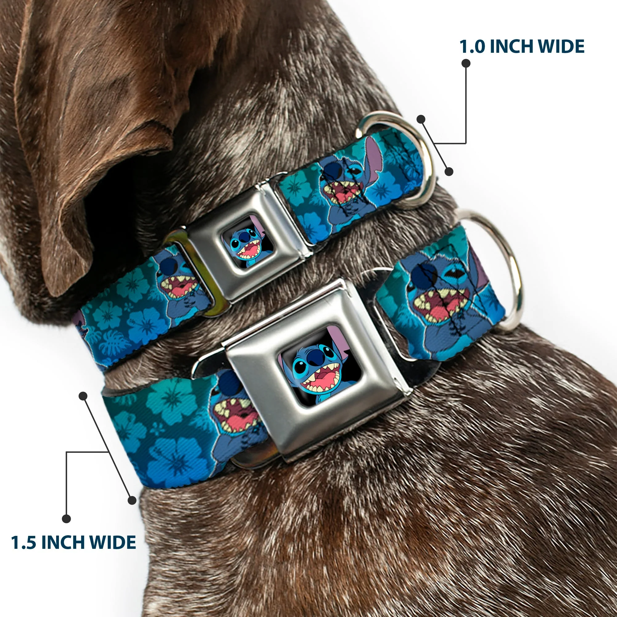 Stitch Smiling CLOSE-UP Full Color Black Seatbelt Buckle Collar - Stitch Expressions/Hibiscus Collage Green-Blue Fade - Image 2