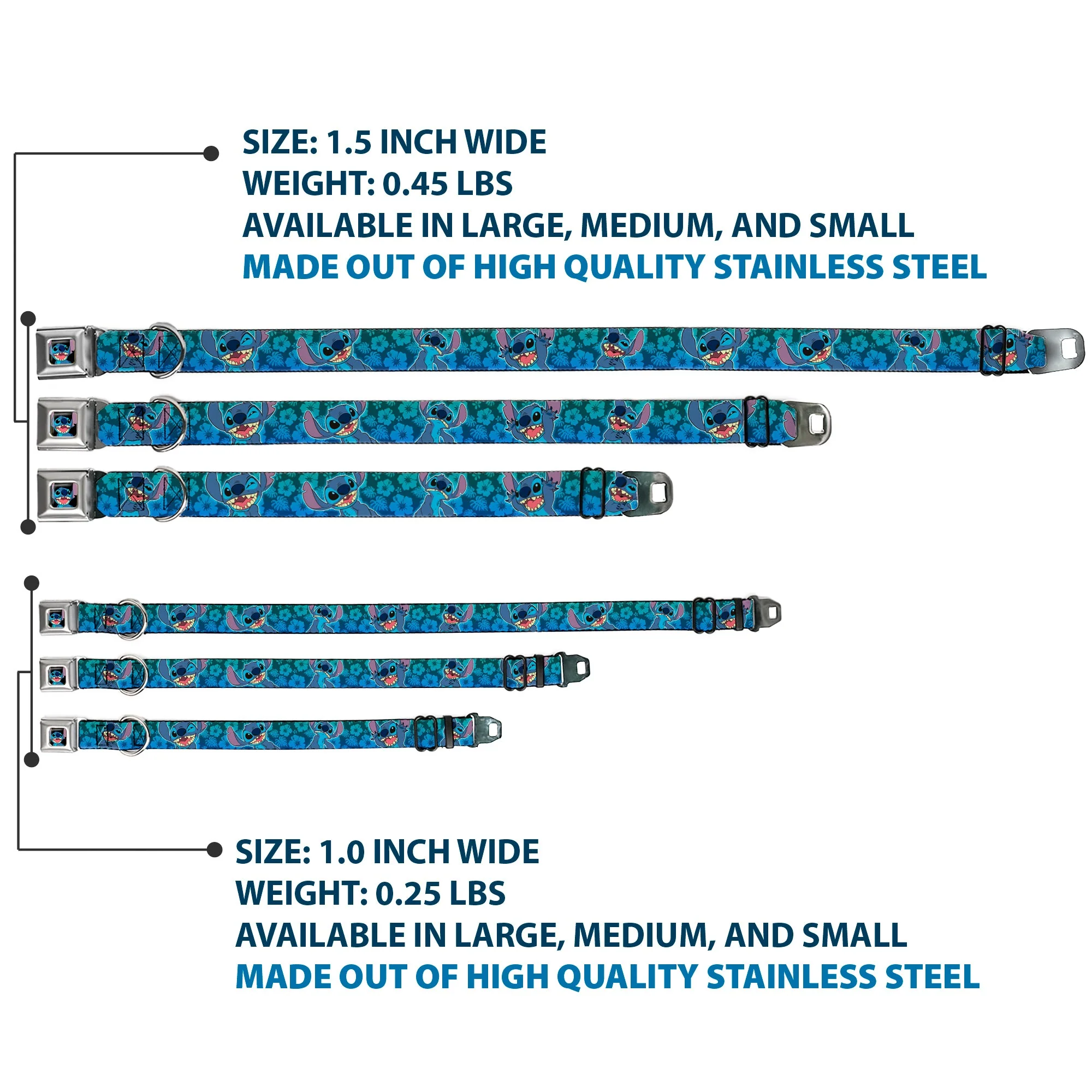 Stitch Smiling CLOSE-UP Full Color Black Seatbelt Buckle Collar - Stitch Expressions/Hibiscus Collage Green-Blue Fade - Image 3