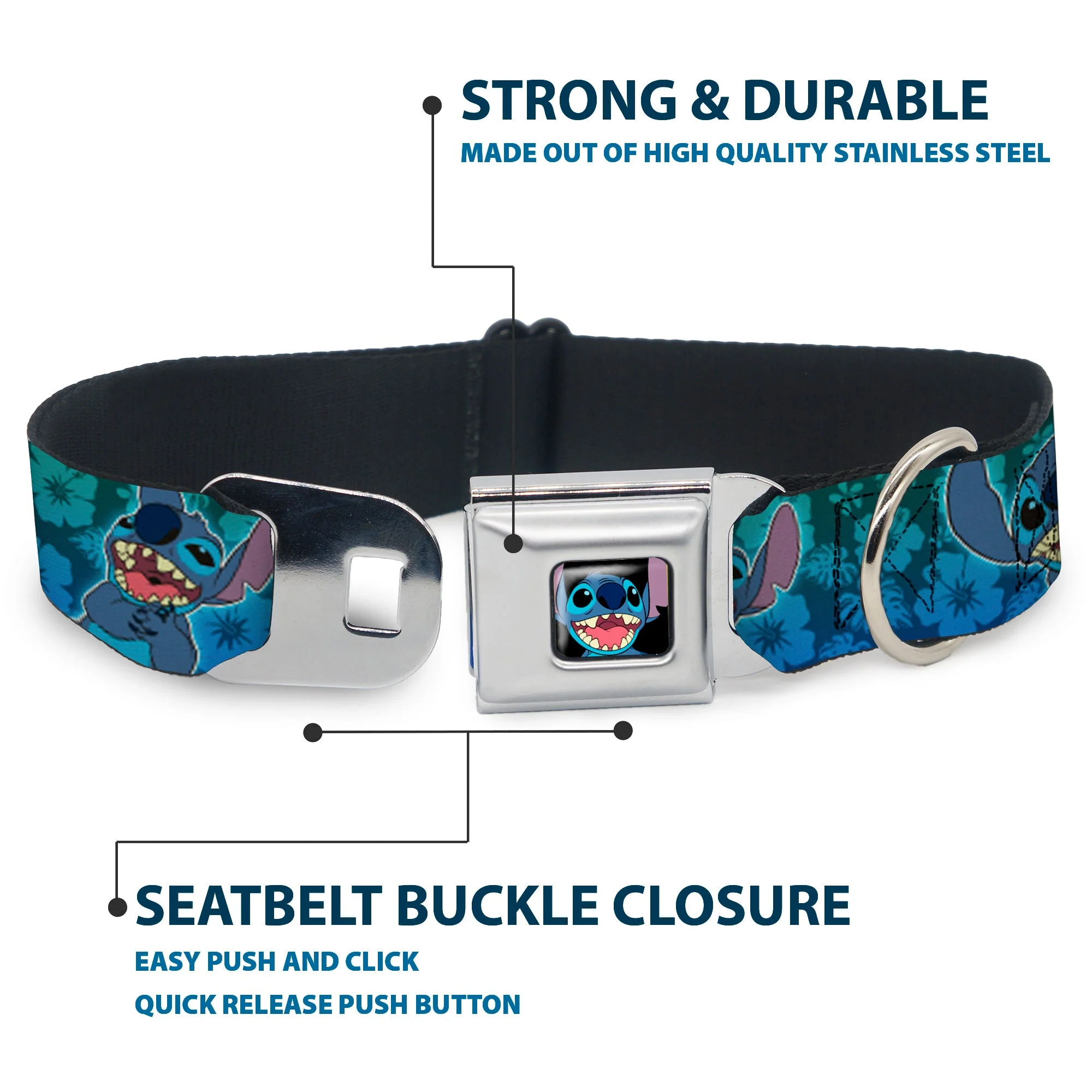 Stitch Smiling CLOSE-UP Full Color Black Seatbelt Buckle Collar - Stitch Expressions/Hibiscus Collage Green-Blue Fade - Image 4