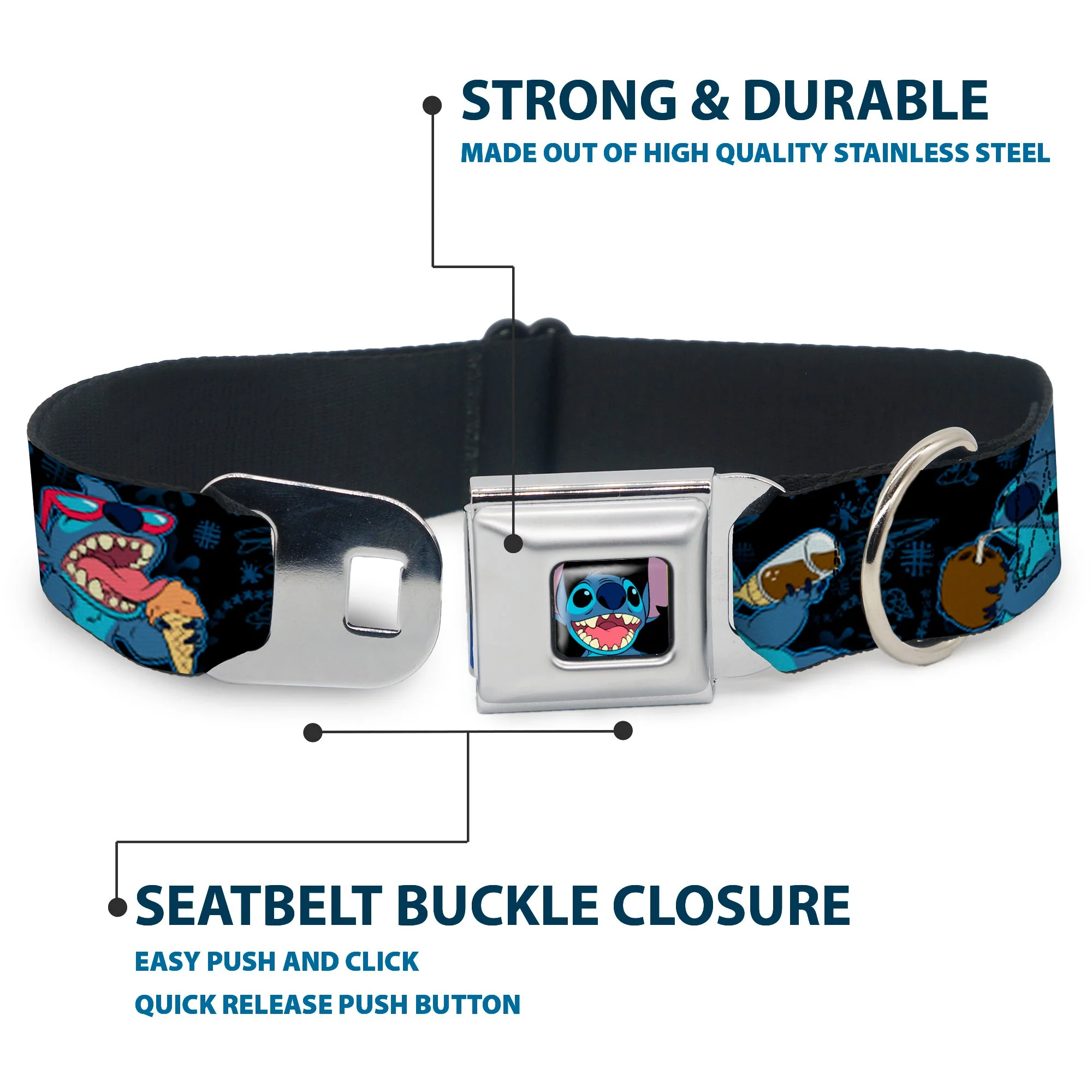 Stitch Smiling CLOSE-UP Full Color Black Seatbelt Buckle Collar - Stitch Snacking Poses Black/Blue - Image 4