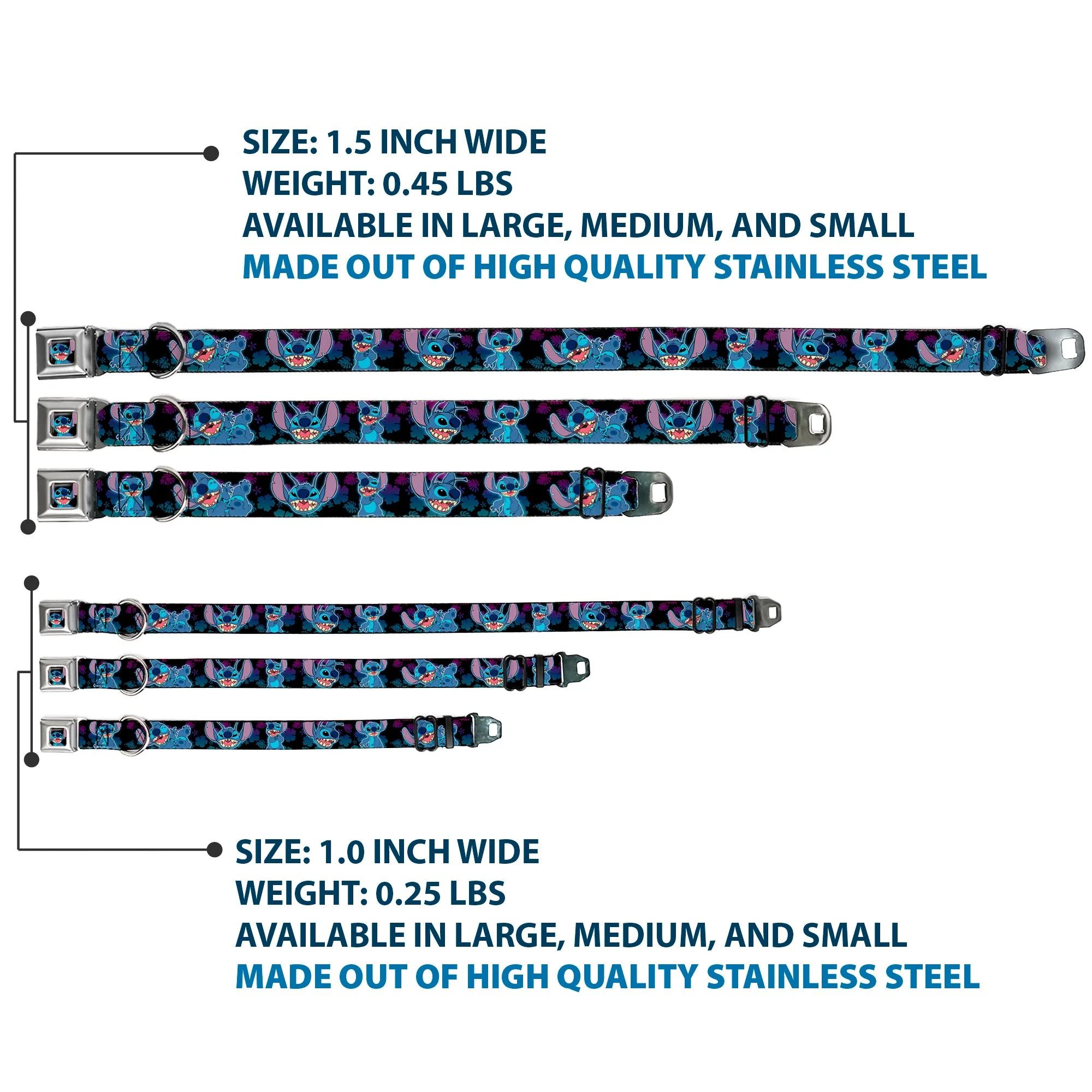 Stitch Smiling CLOSE-UP Full Color Seatbelt Buckle Collar - Stitch 2-Expressions/2-Poses Tropical Flora Black/Purple-Blue Fade - Image 3