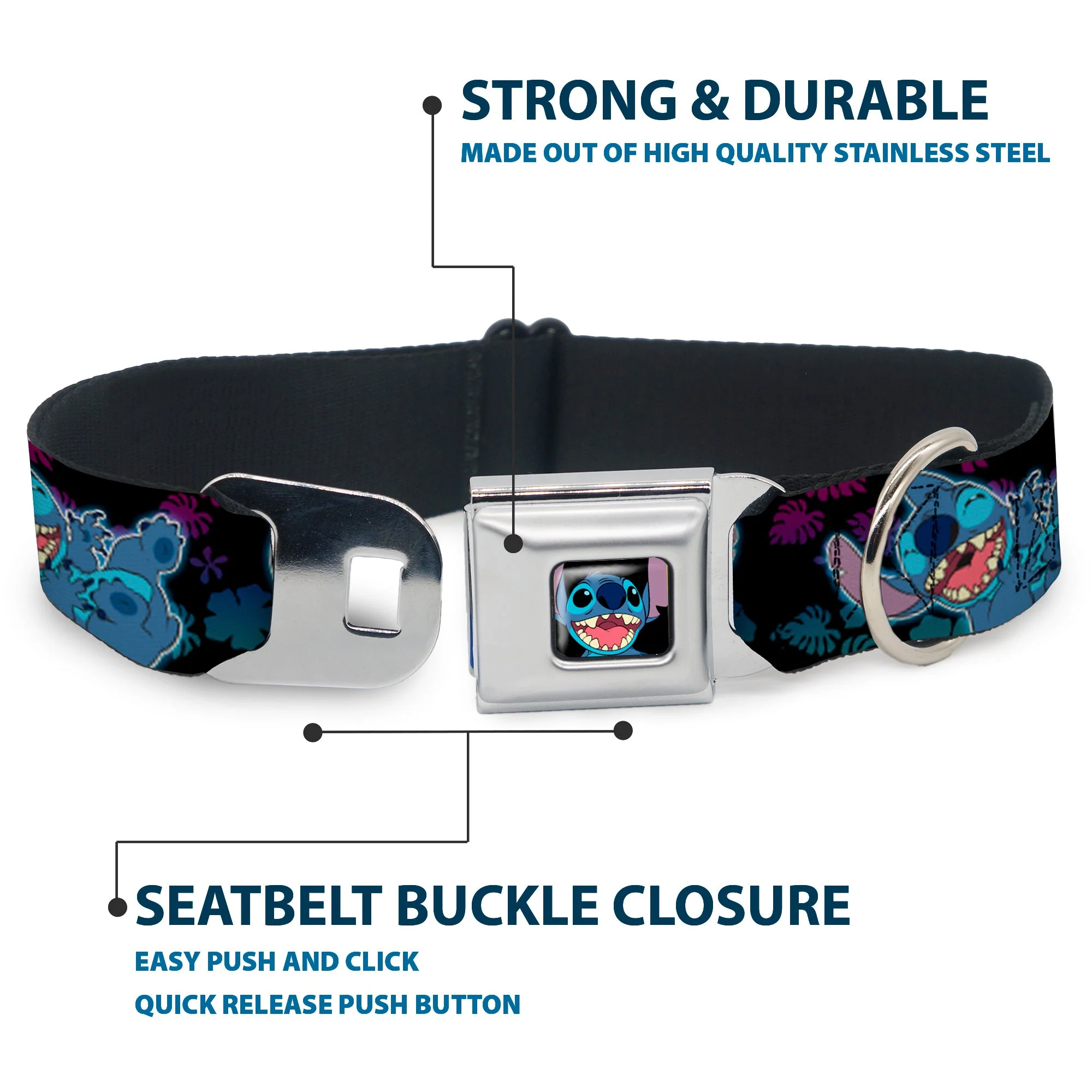 Stitch Smiling CLOSE-UP Full Color Seatbelt Buckle Collar - Stitch 2-Expressions/2-Poses Tropical Flora Black/Purple-Blue Fade - Image 4