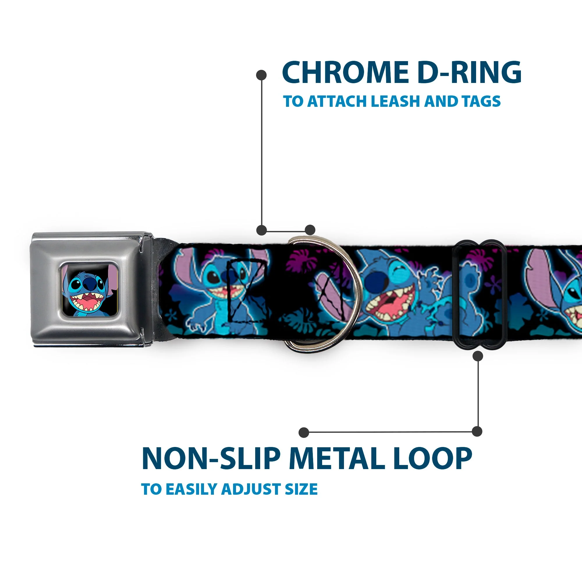 Stitch Smiling CLOSE-UP Full Color Seatbelt Buckle Collar - Stitch 2-Expressions/2-Poses Tropical Flora Black/Purple-Blue Fade - Image 5