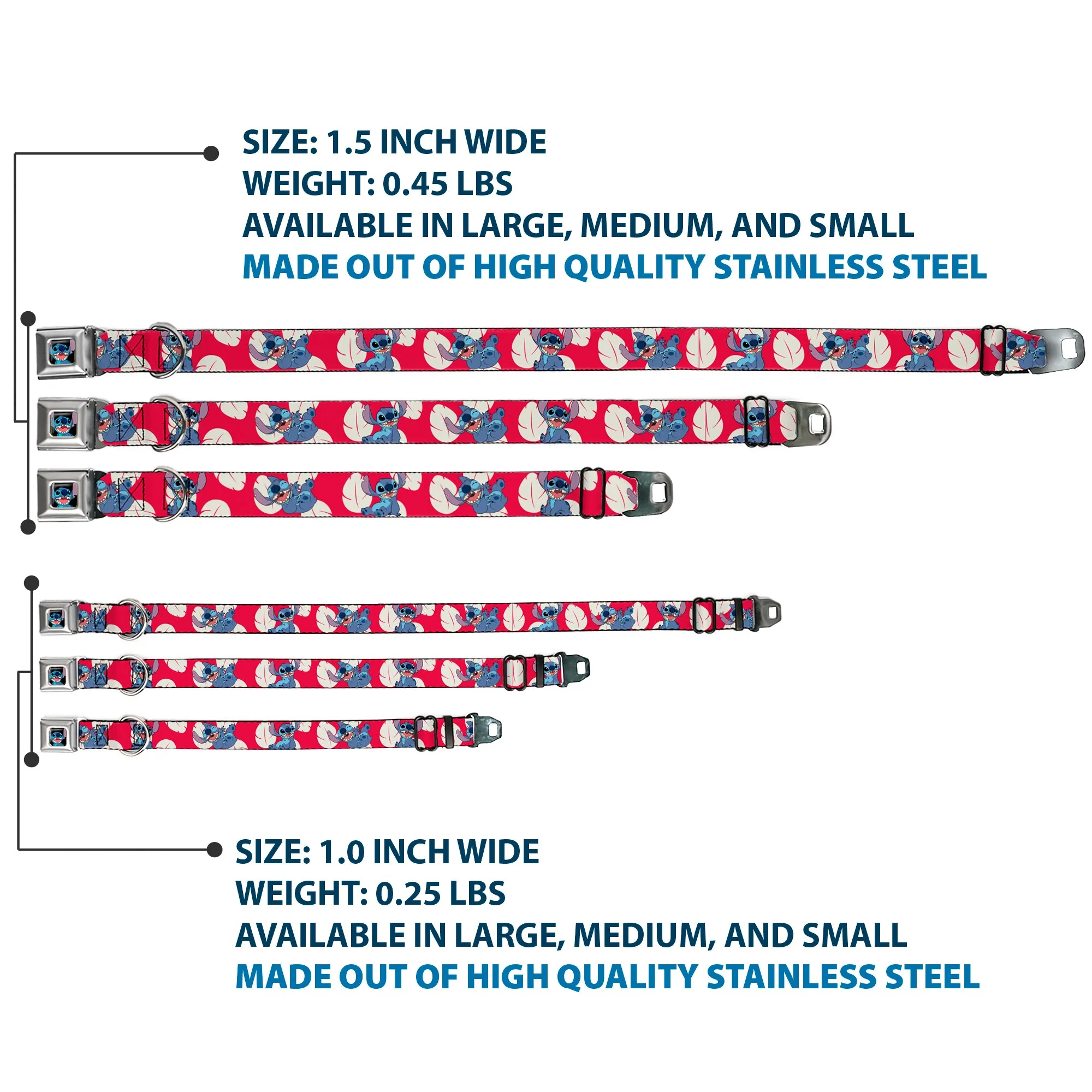 Stitch Smiling Full Color CLOSE-UP Seatbelt Buckle Collar - Lilo & Stitch Stitch 4-Poses/Lilo Dress Leaves Red/Ivory - Image 3