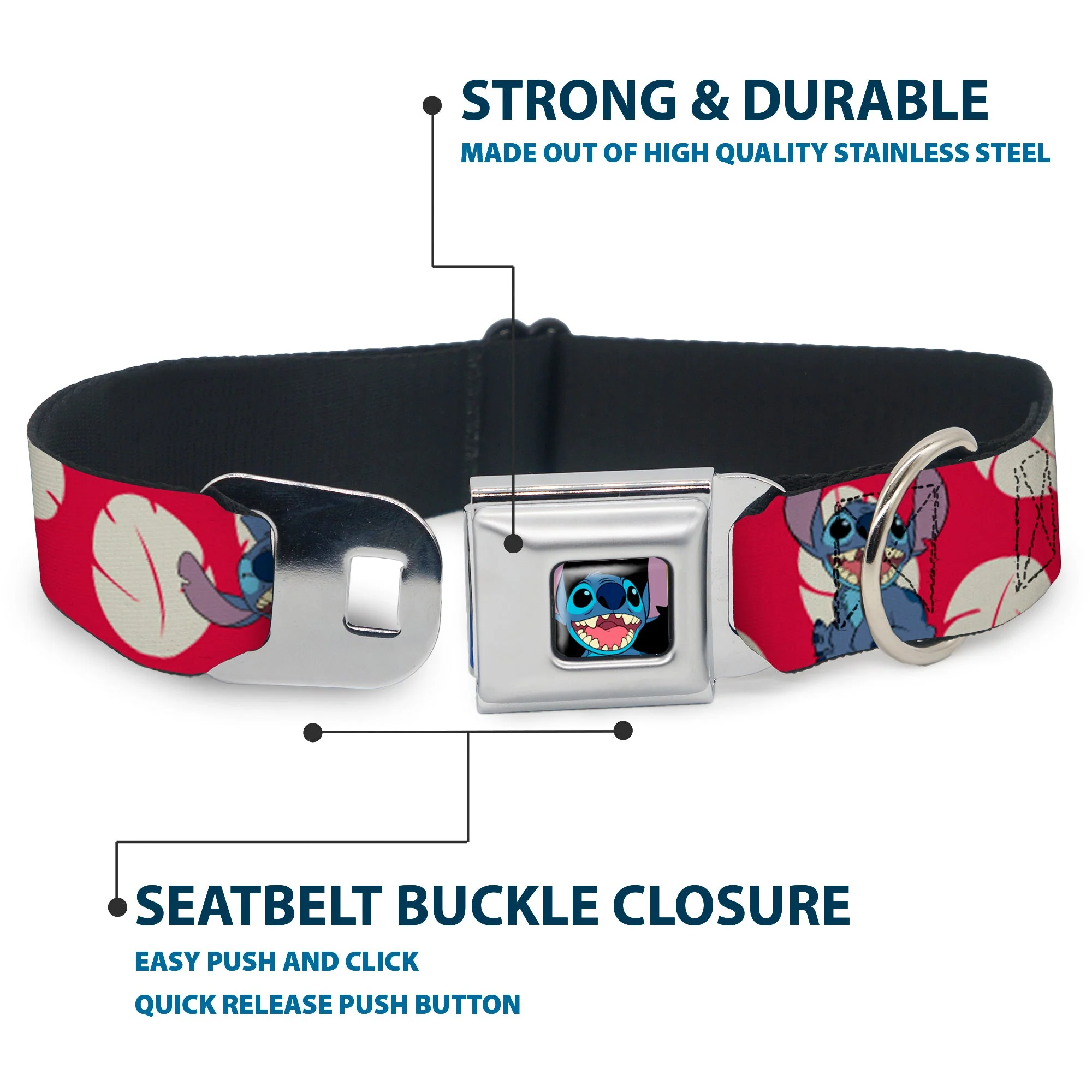 Stitch Smiling Full Color CLOSE-UP Seatbelt Buckle Collar - Lilo & Stitch Stitch 4-Poses/Lilo Dress Leaves Red/Ivory - Image 4