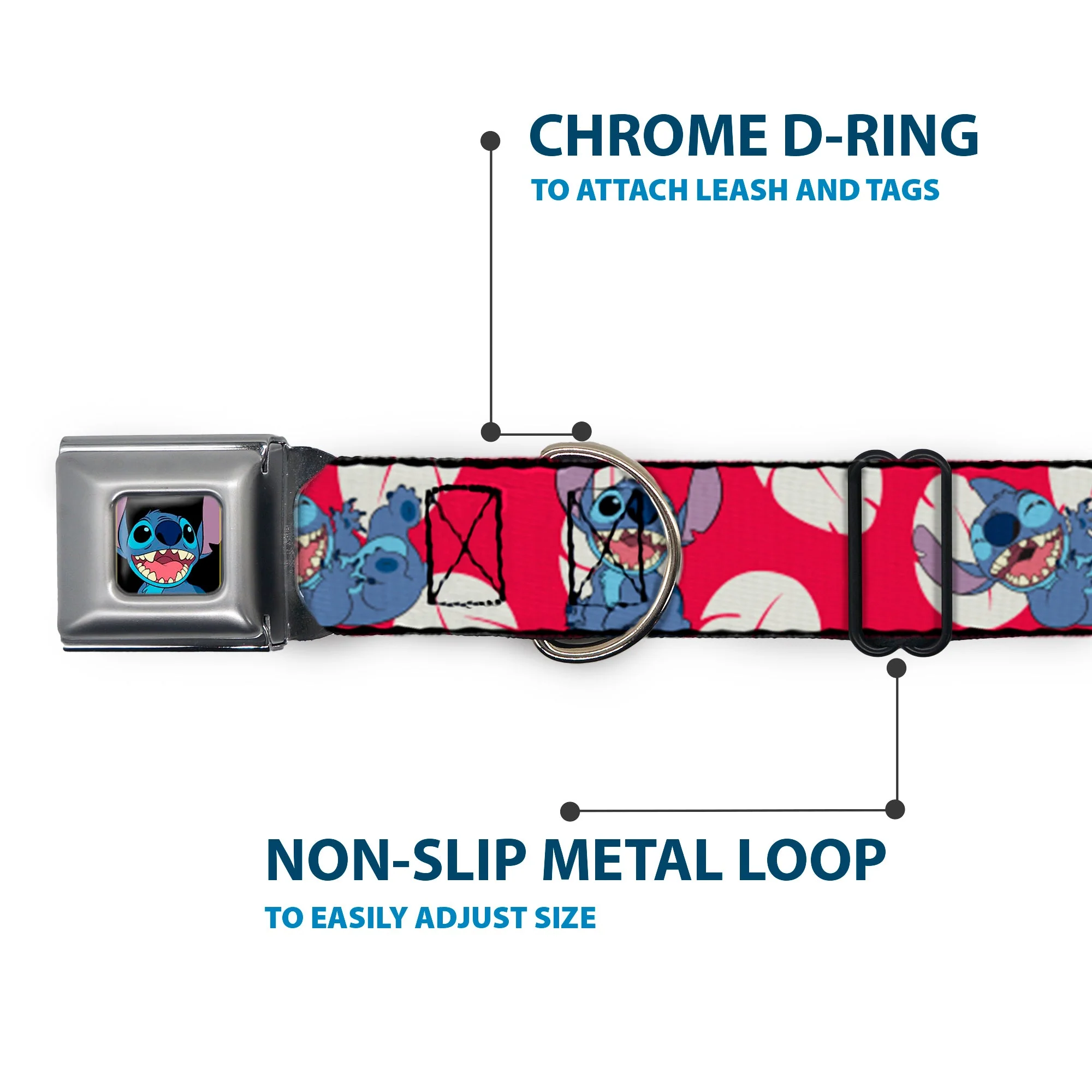 Stitch Smiling Full Color CLOSE-UP Seatbelt Buckle Collar - Lilo & Stitch Stitch 4-Poses/Lilo Dress Leaves Red/Ivory - Image 5