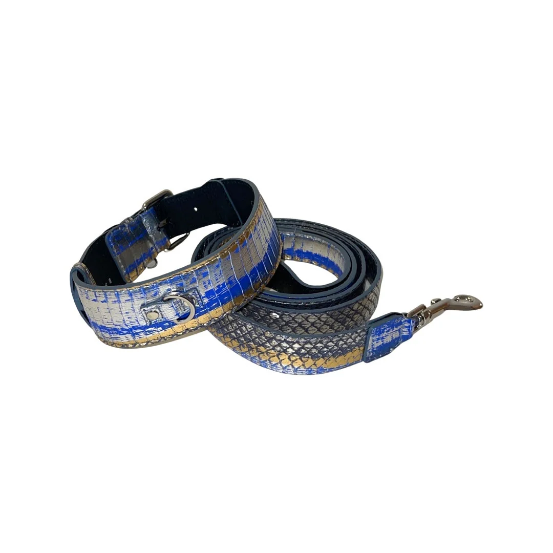Stunning Multi-Color Blue/Silver/Gold Snake, Classic Collar & Leash Set With Silver Hardware - Image 2