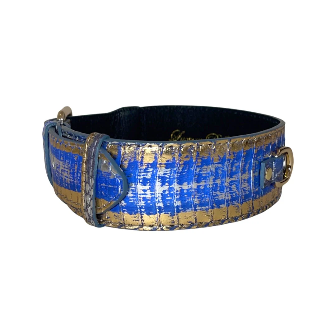 Stunning Multi-Color Blue/Silver/Gold Snake, Classic Collar With Gold Hardware - Image 4