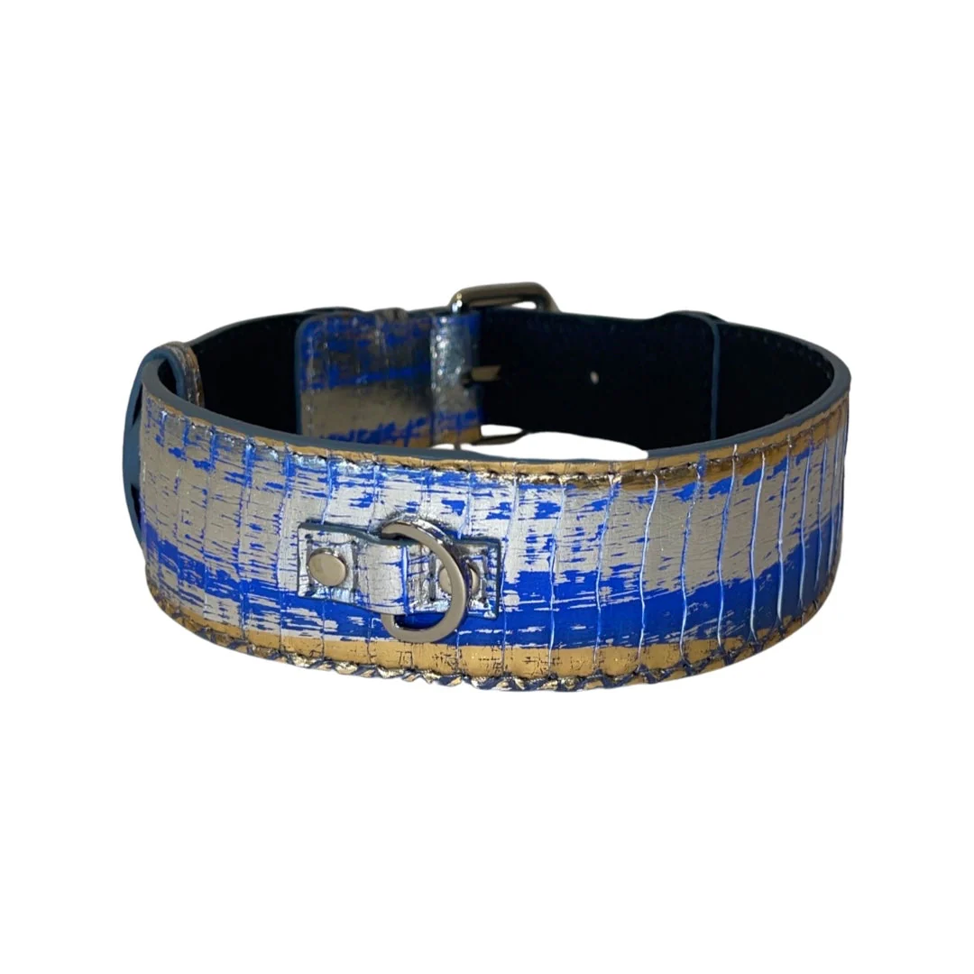 Stunning Multi-Color Blue/Silver/Gold Snake, Classic Collar With Silver Hardware - Image 3