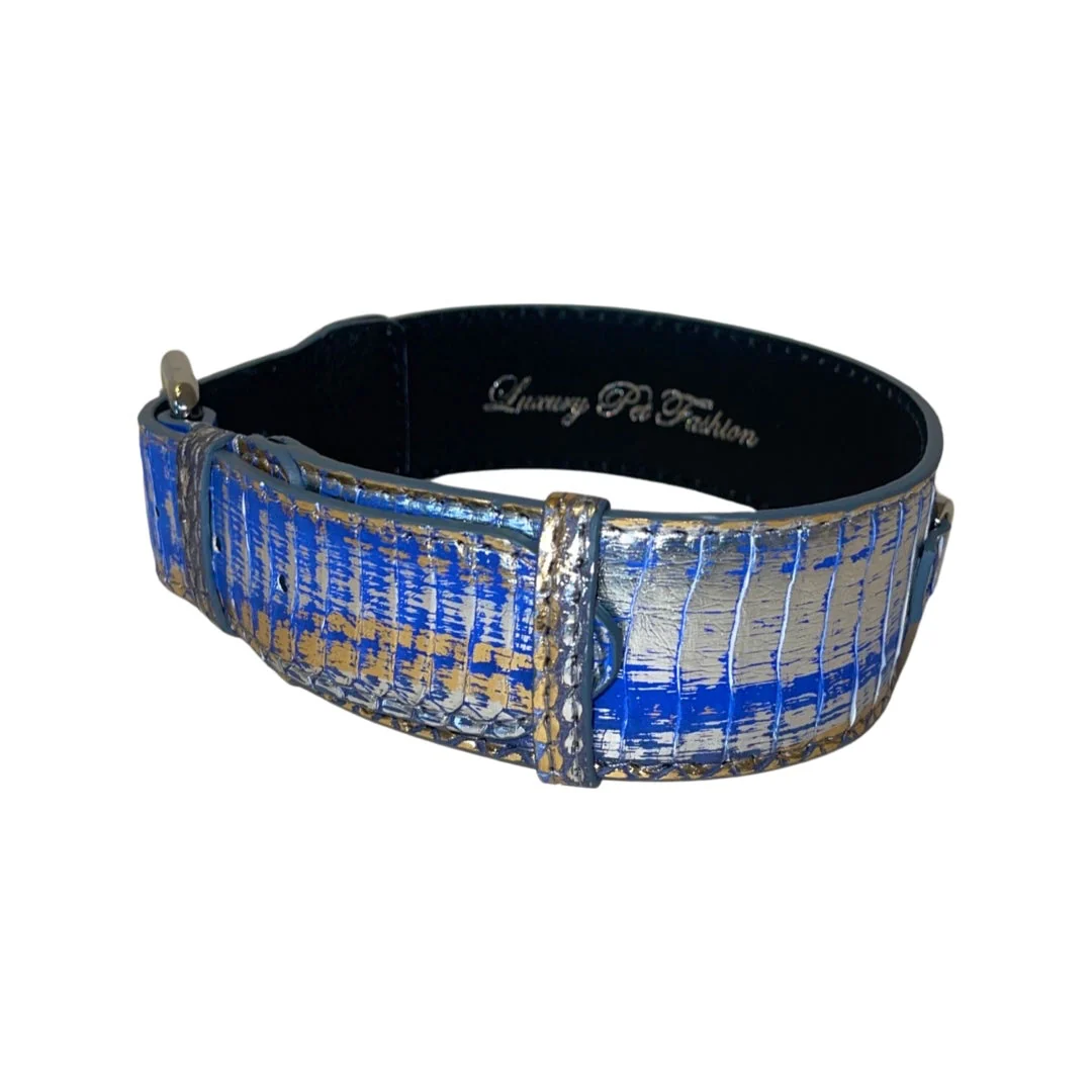 Stunning Multi-Color Blue/Silver/Gold Snake, Classic Collar With Silver Hardware - Image 4