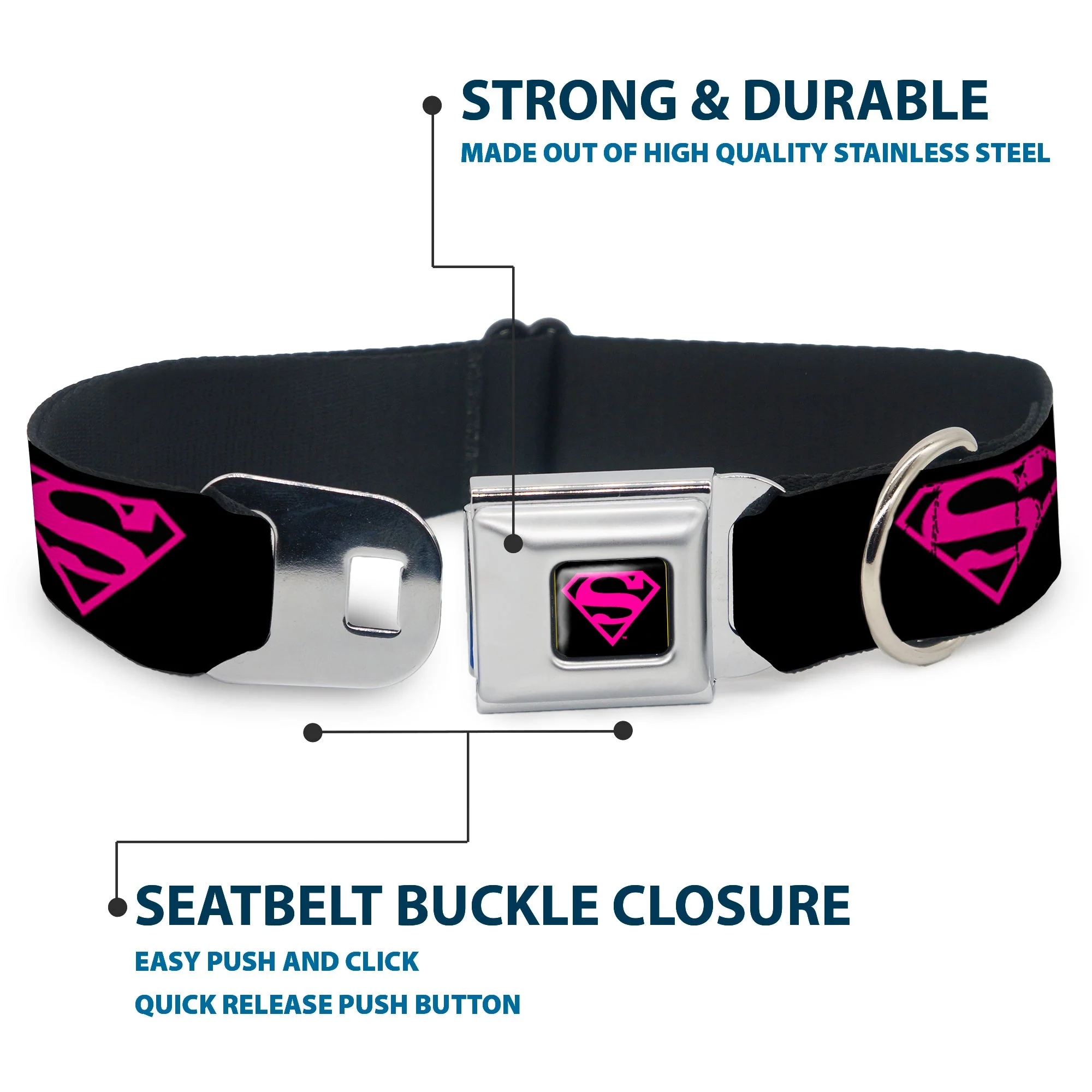Superman Black/Hot Pink Seatbelt Buckle Collar - Superman Shield Black/Hot Pink - Image 4