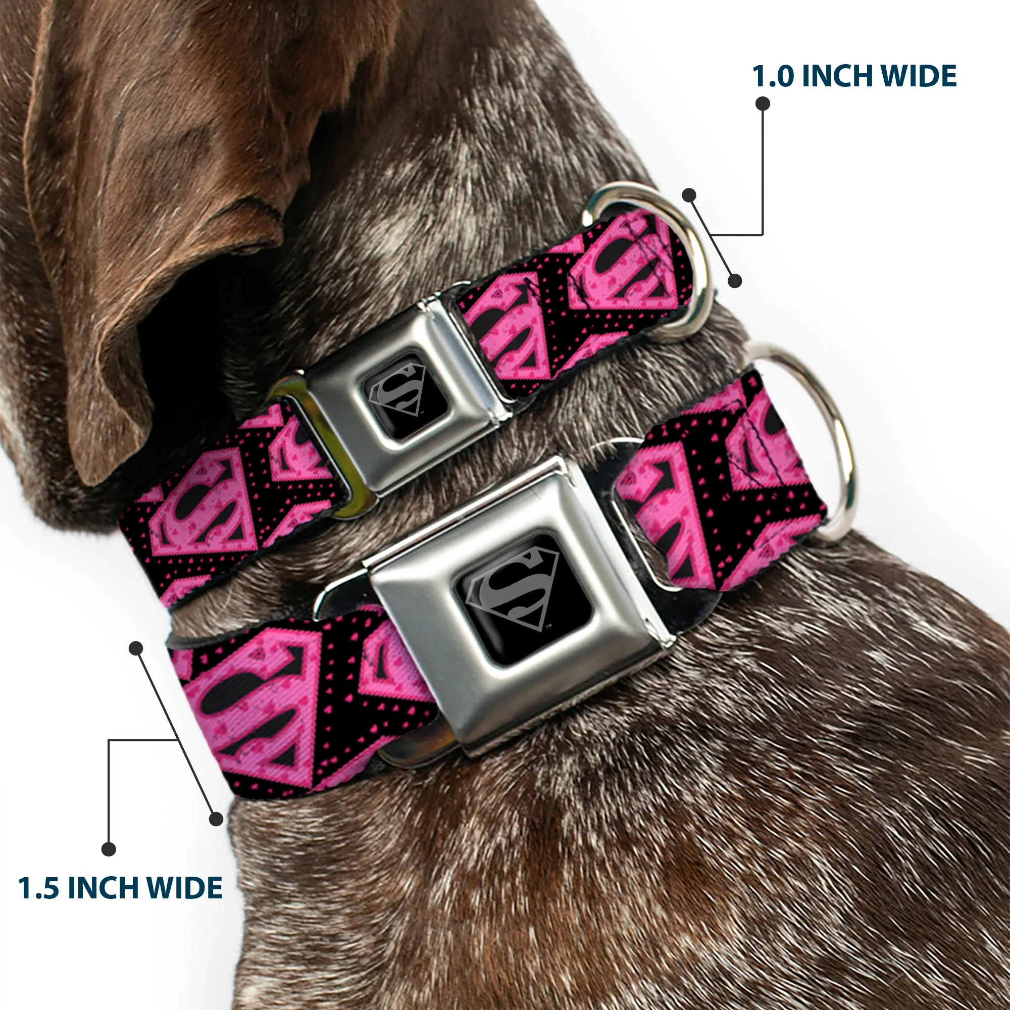 Superman Black Silver Seatbelt Buckle Collar - Diagonal Superman Logo w/Hearts Black/Pink - Image 2
