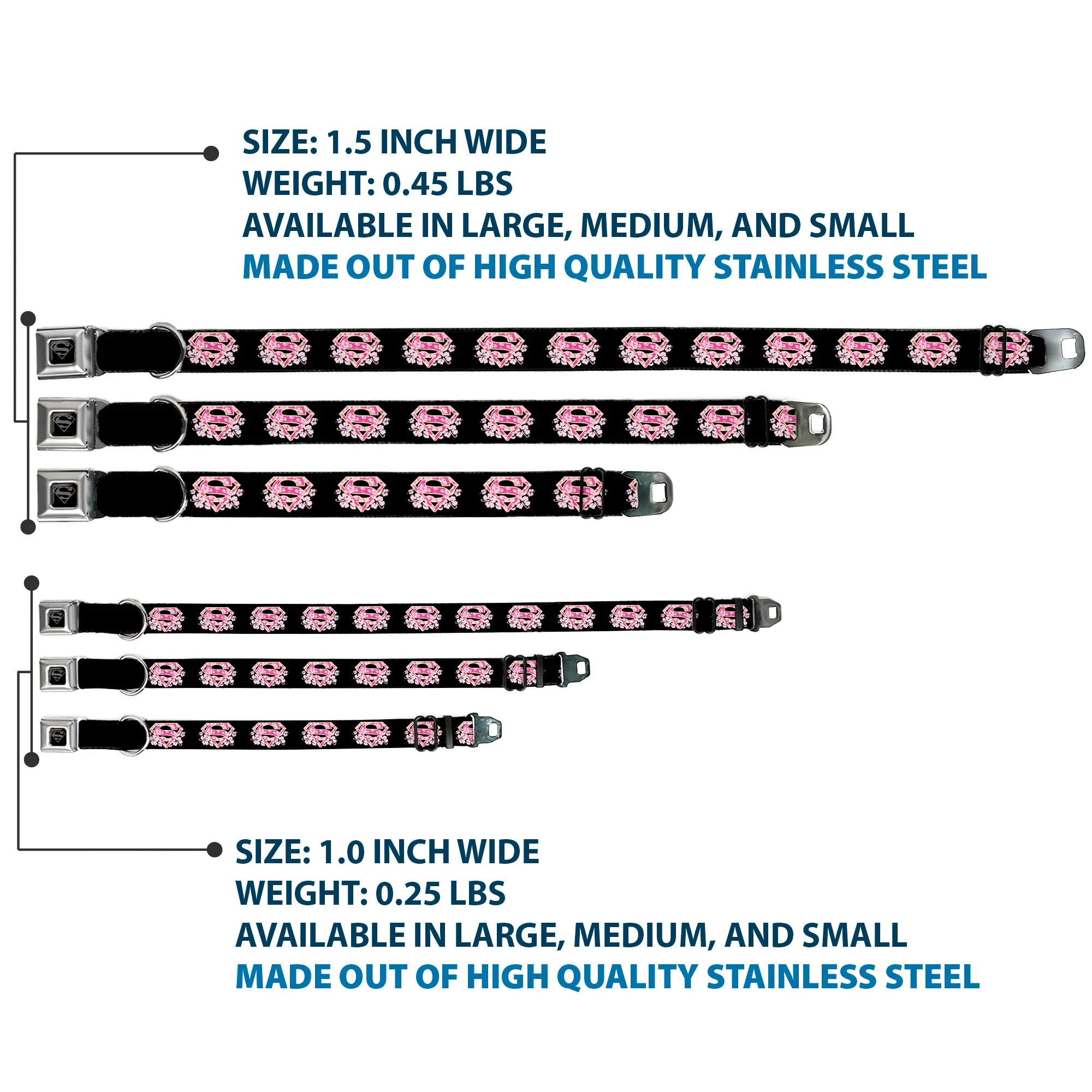 Superman Black Silver Seatbelt Buckle Collar - Super Shield Hibiscus Design Black/Pink - Image 3