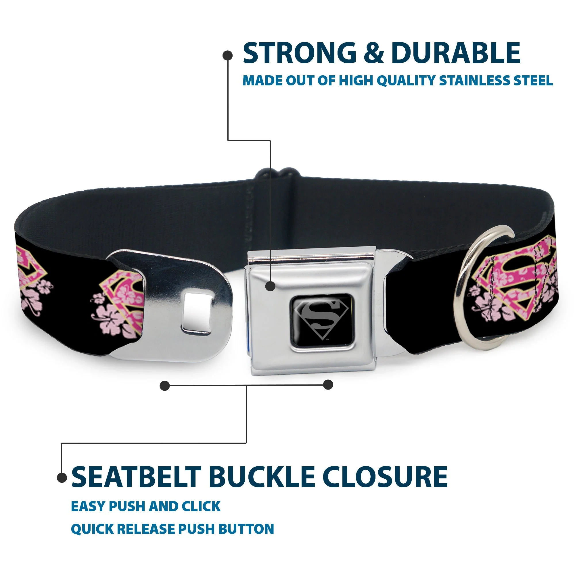 Superman Black Silver Seatbelt Buckle Collar - Super Shield Hibiscus Design Black/Pink - Image 4