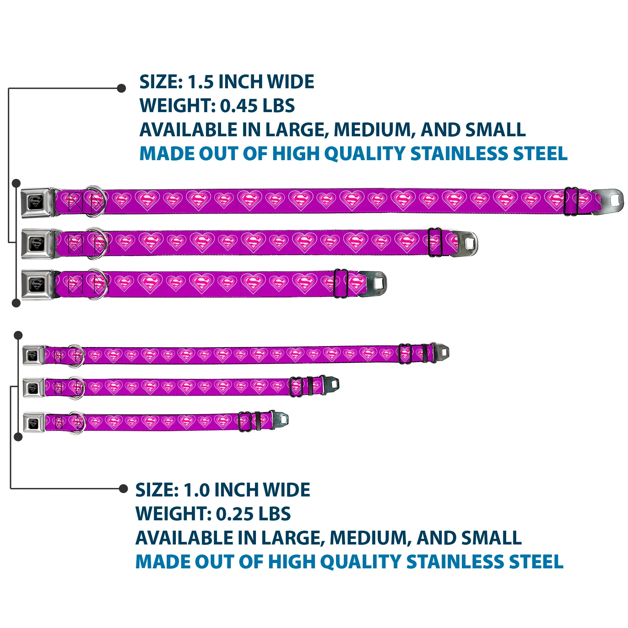 Superman Black Silver Seatbelt Buckle Collar - Superman Logo in Heart Purple/White/Pink - Image 3