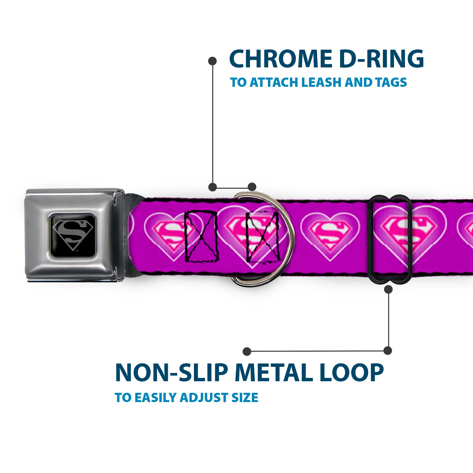 Superman Black Silver Seatbelt Buckle Collar - Superman Logo in Heart Purple/White/Pink - Image 5