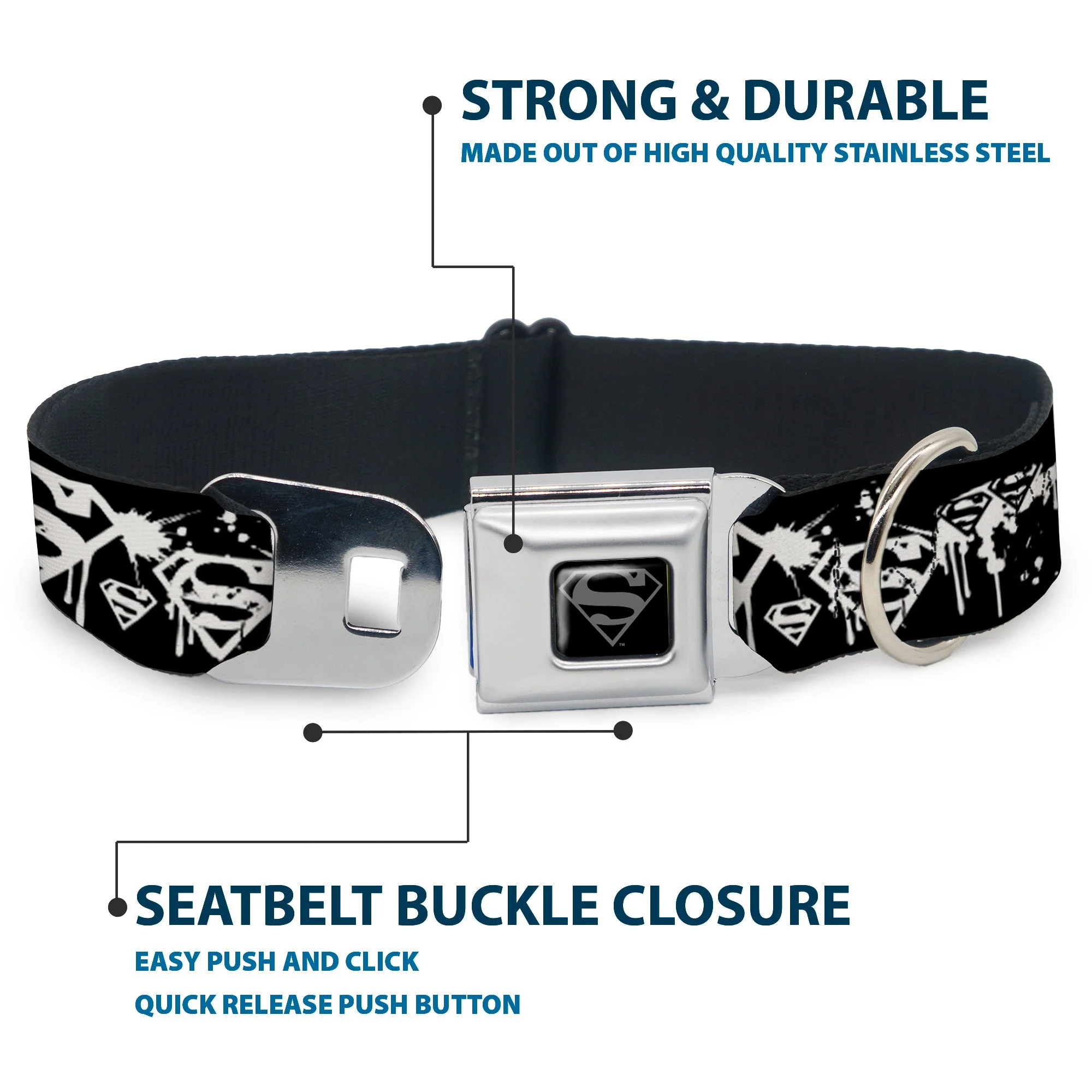 Superman Black Silver Seatbelt Buckle Collar - Superman Shield Splatter Black/White - Image 4