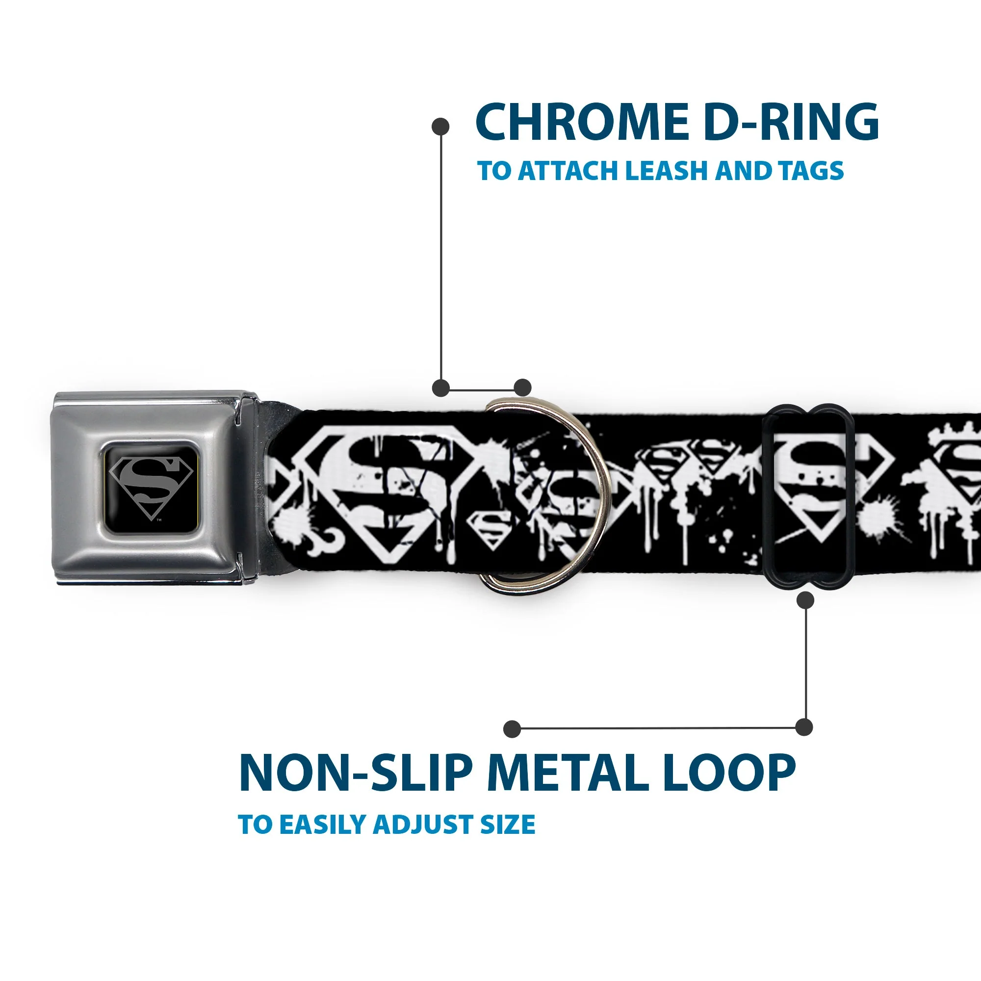 Superman Black Silver Seatbelt Buckle Collar - Superman Shield Splatter Black/White - Image 5