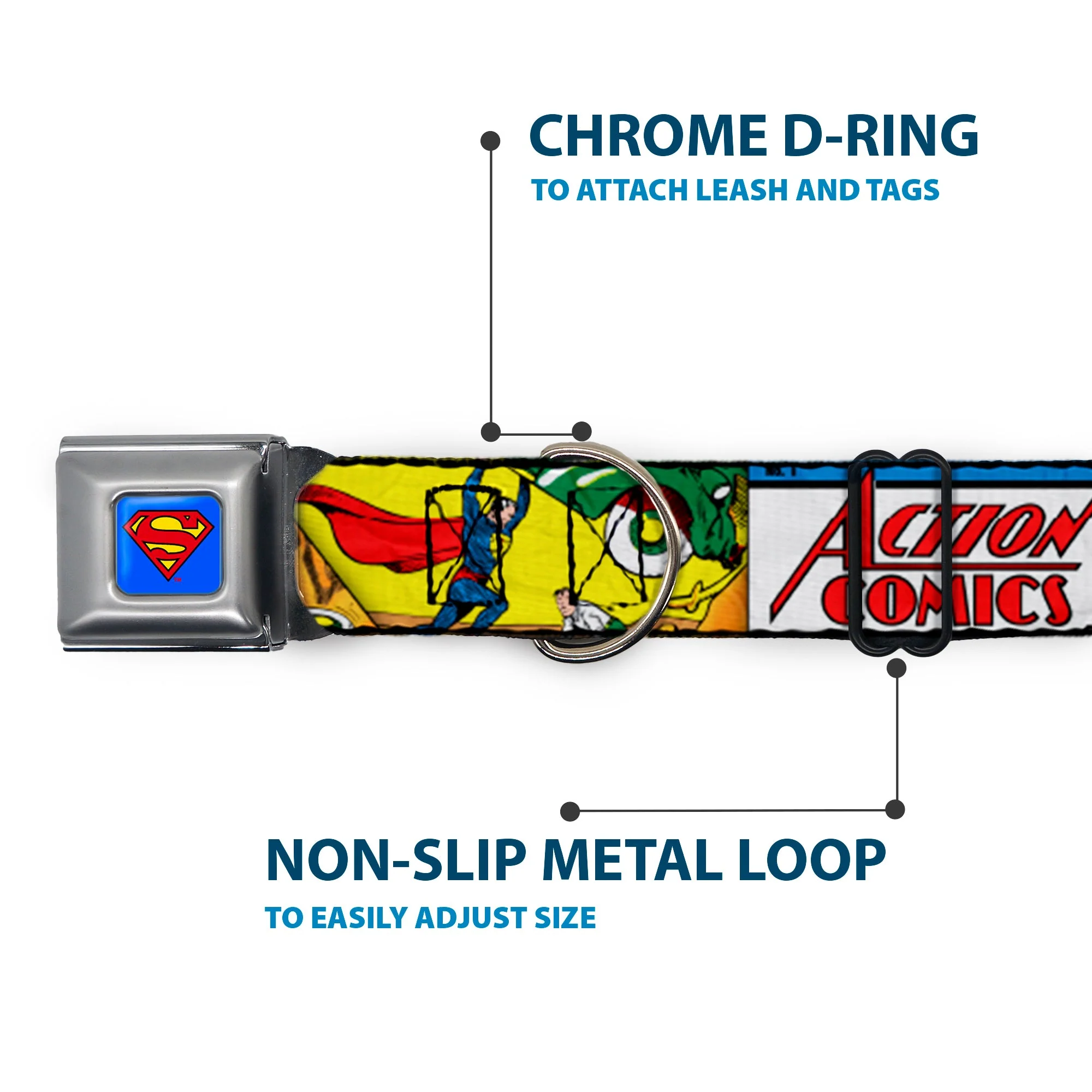 Superman Blue Seatbelt Buckle Collar - Classic ACTION COMICS Issue #1 Cover Superman Lifting Car Stacked - Image 5