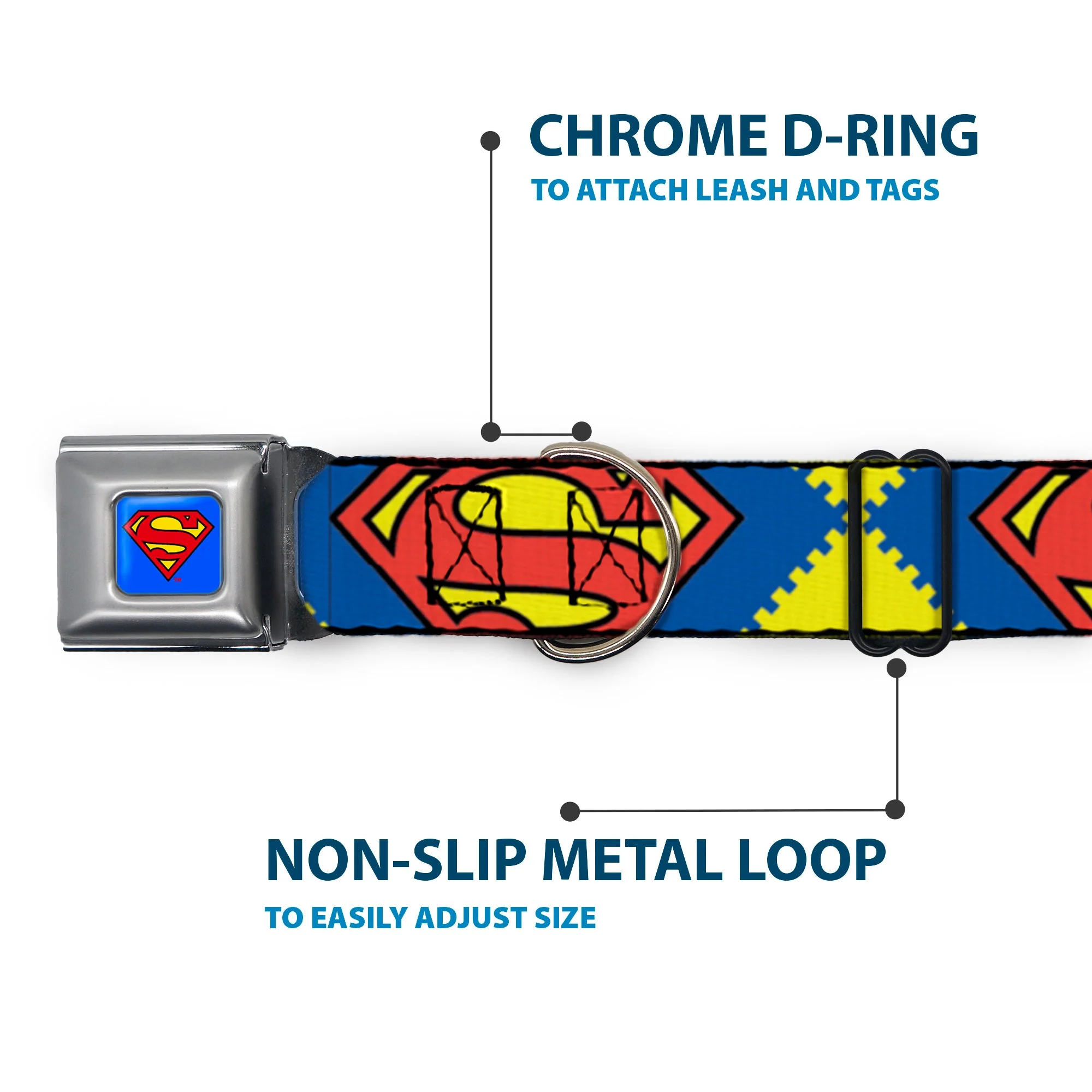 Superman Blue Seatbelt Buckle Collar - Jagged Superman Shield CLOSE-UP Yellow/Blue/Red - Image 5