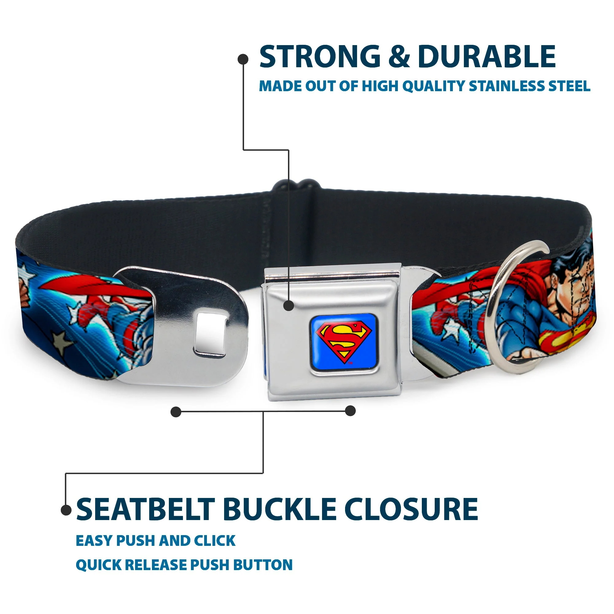 Superman Full Color Blue Seatbelt Buckle Collar - Superman Action Poses/Stars & Stripes - Image 4