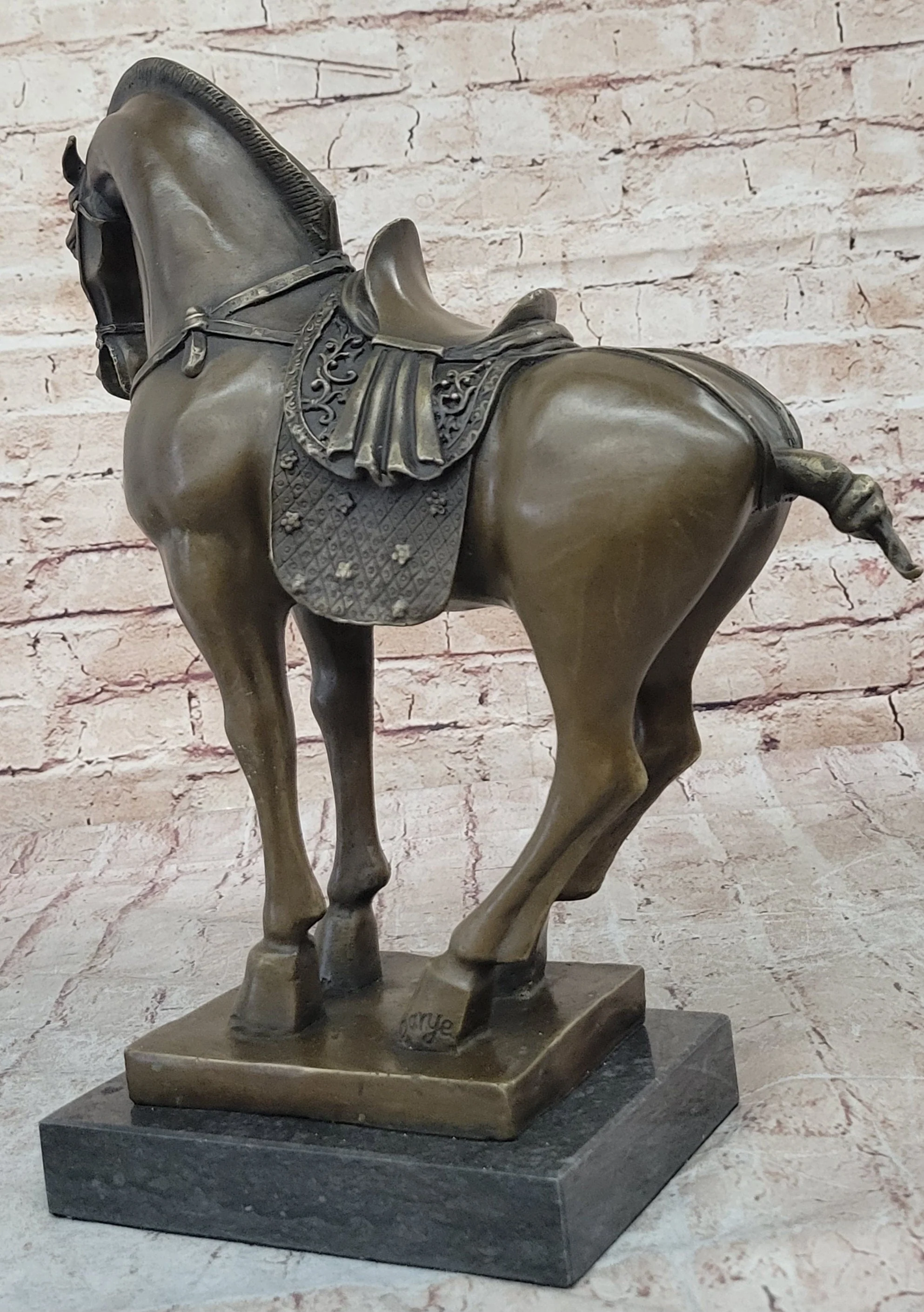 Tang Dynasty Horse Bronze Sculpture Mantle Marble Base Statue Hot Cast Figurine 14" x 12" - Image 6