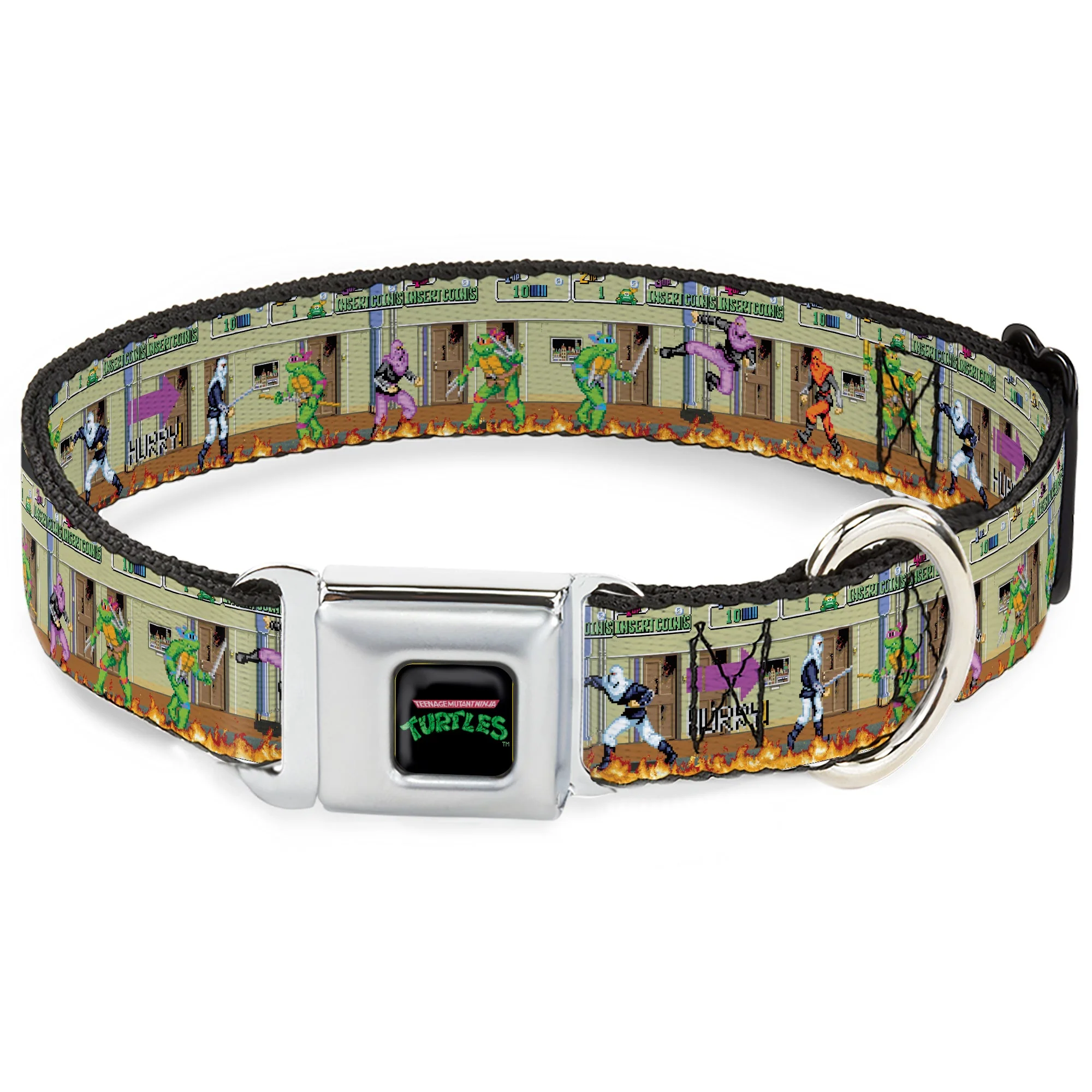 TEENAGE MUTANT NINJA TURTLES Logo Full Color Black Seatbelt Buckle Collar - Teenage Mutant Ninja Turtles Battle Foot Soldiers Ninjas Video Game Scene Tan