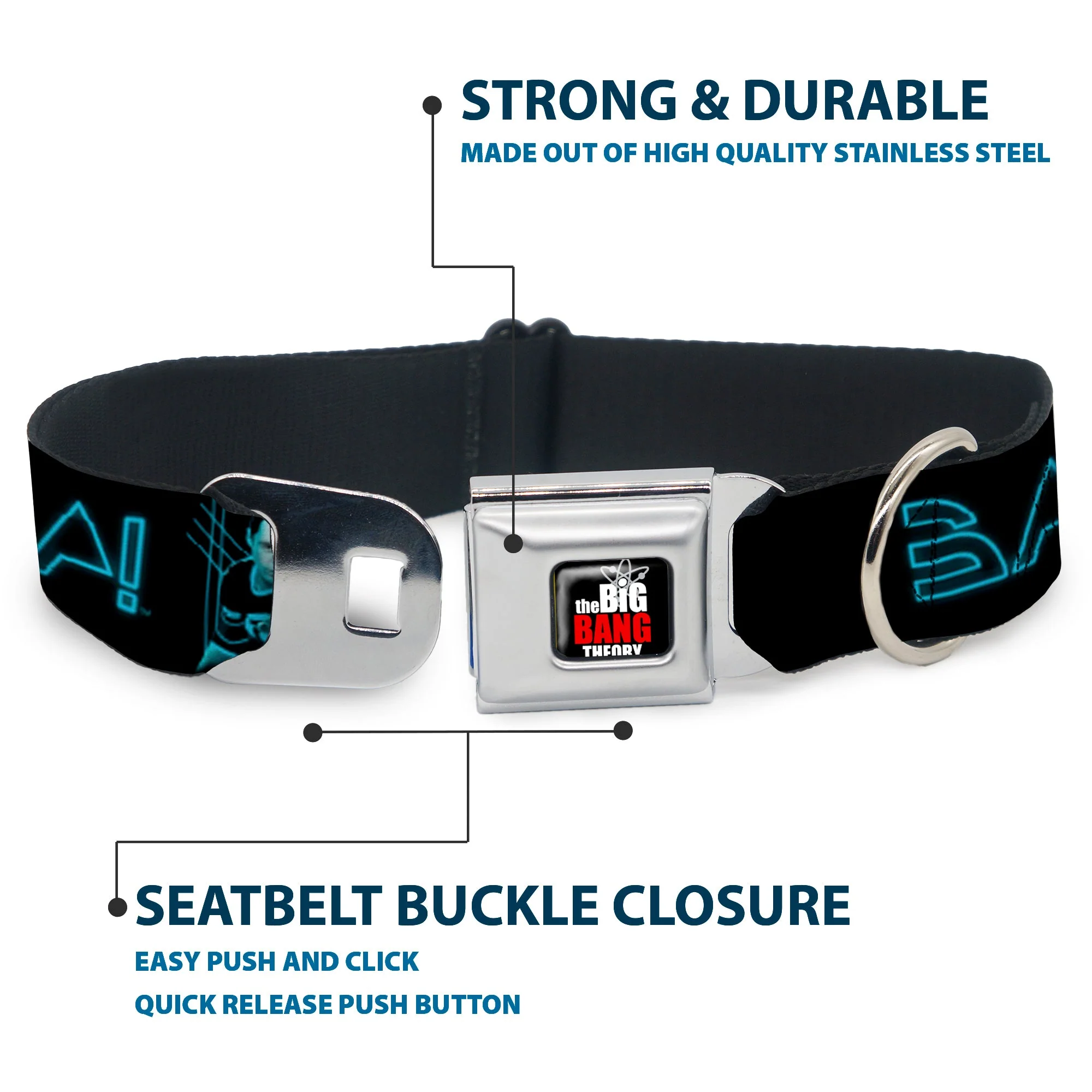 THE BIG BANG THEORY Full Color Black White Red Seatbelt Buckle Collar - Sheldon/BAZINGA! Black/Blue Glow - Image 4