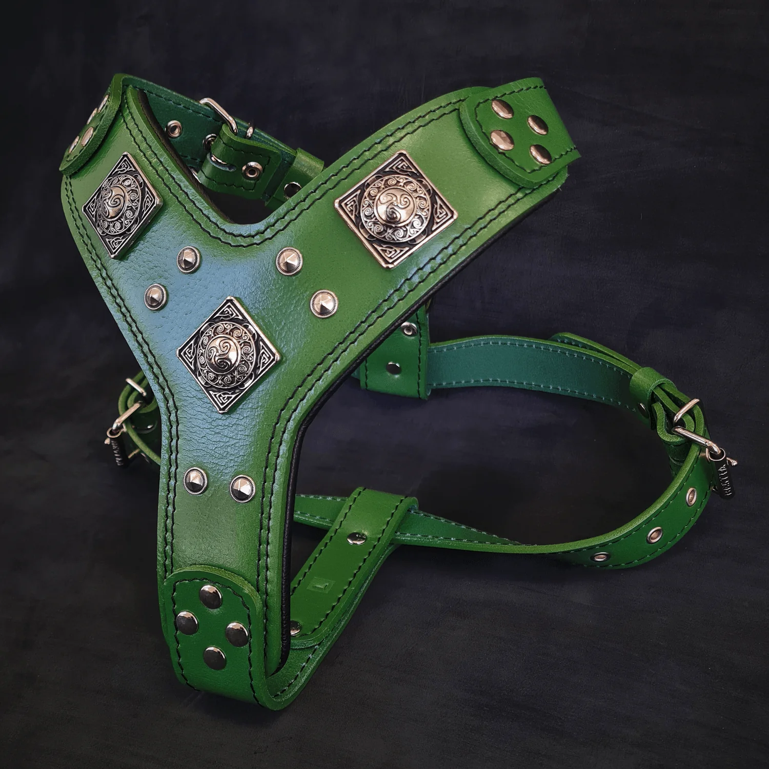 Bestia Dog Gear Genuine Leather Dog Harness - Green/M