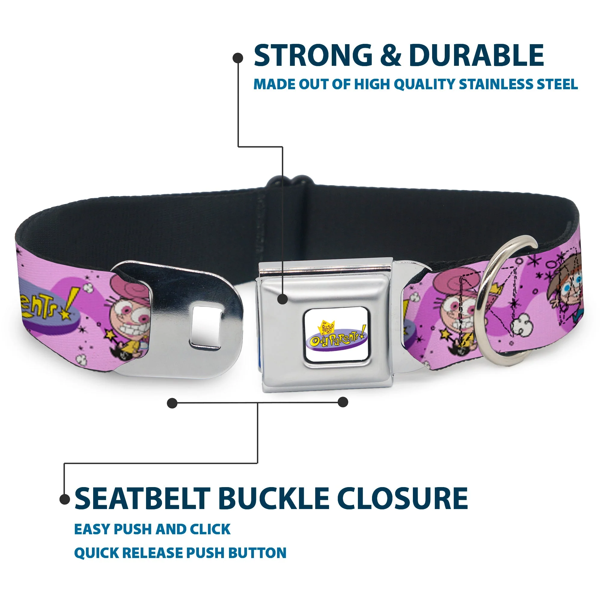 THE FAIRLY ODDPARENTS Logo Full Color White Seatbelt Buckle Collar - THE FAIRLY ODDPARENTS Timmy with Cosmo and Wanda Group Pose Pinks - Image 4