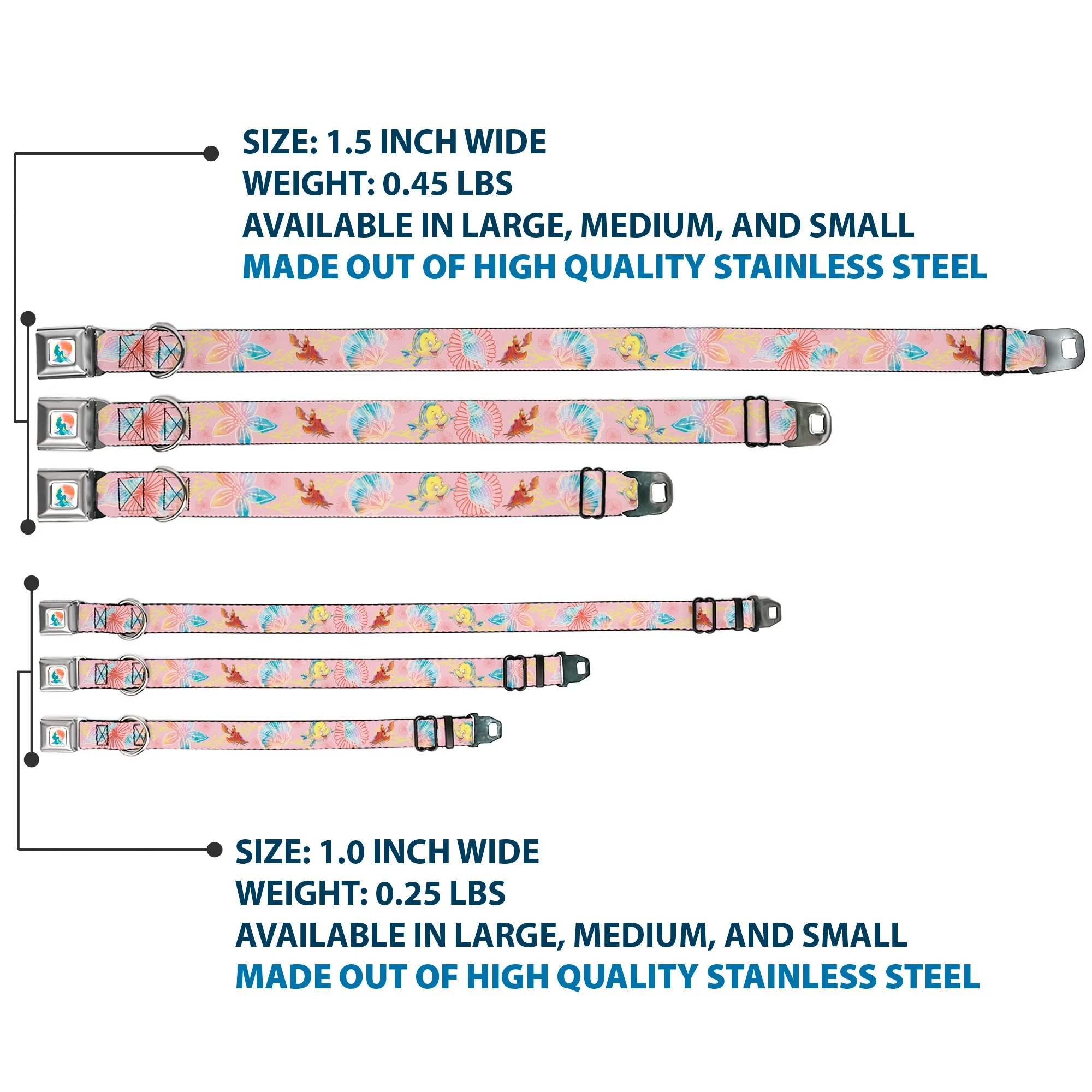 The Little Mermaid Ariel Silhouette Pose Full Color White/Multi Color Seatbelt Buckle Collar - The Little Mermaid Flounder and Sebastian Under the Sea Pinks - Image 3