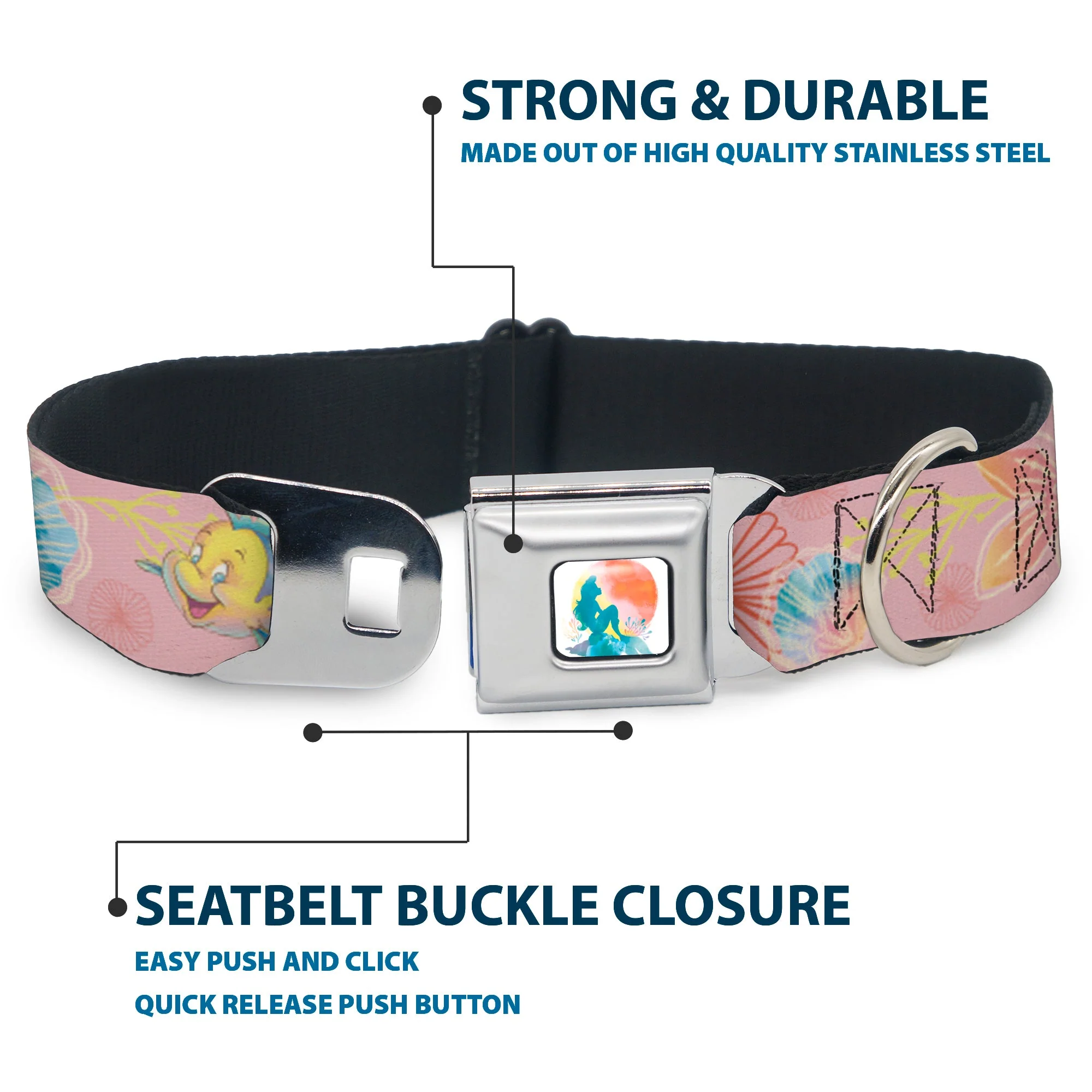 The Little Mermaid Ariel Silhouette Pose Full Color White/Multi Color Seatbelt Buckle Collar - The Little Mermaid Flounder and Sebastian Under the Sea Pinks - Image 4