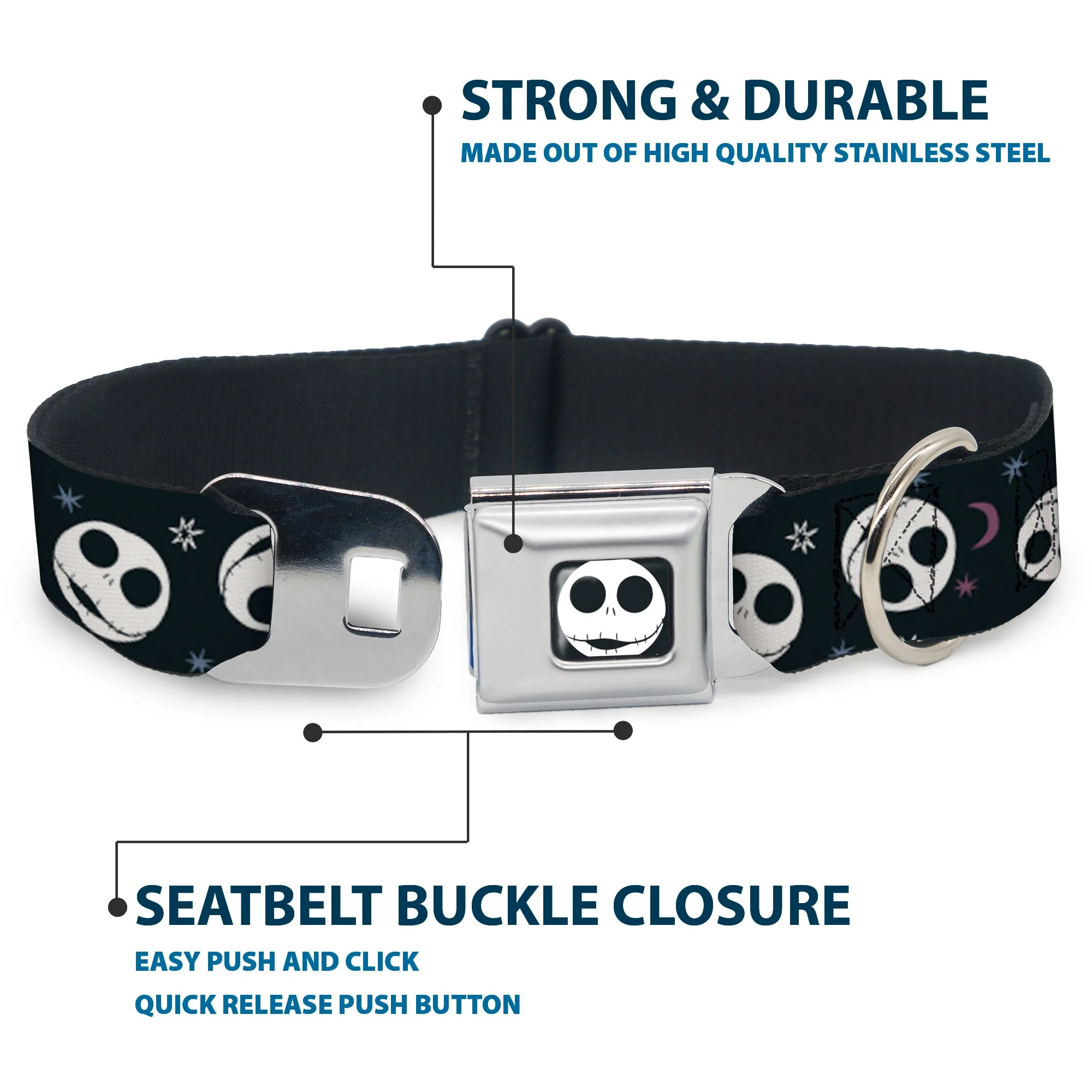 The Nightmare Before Christmas Jack Smiling Full Color Black/White Seatbelt Buckle Collar - The Nightmare Before Christmas Smiling Jack Moon and Stars Black - Image 4