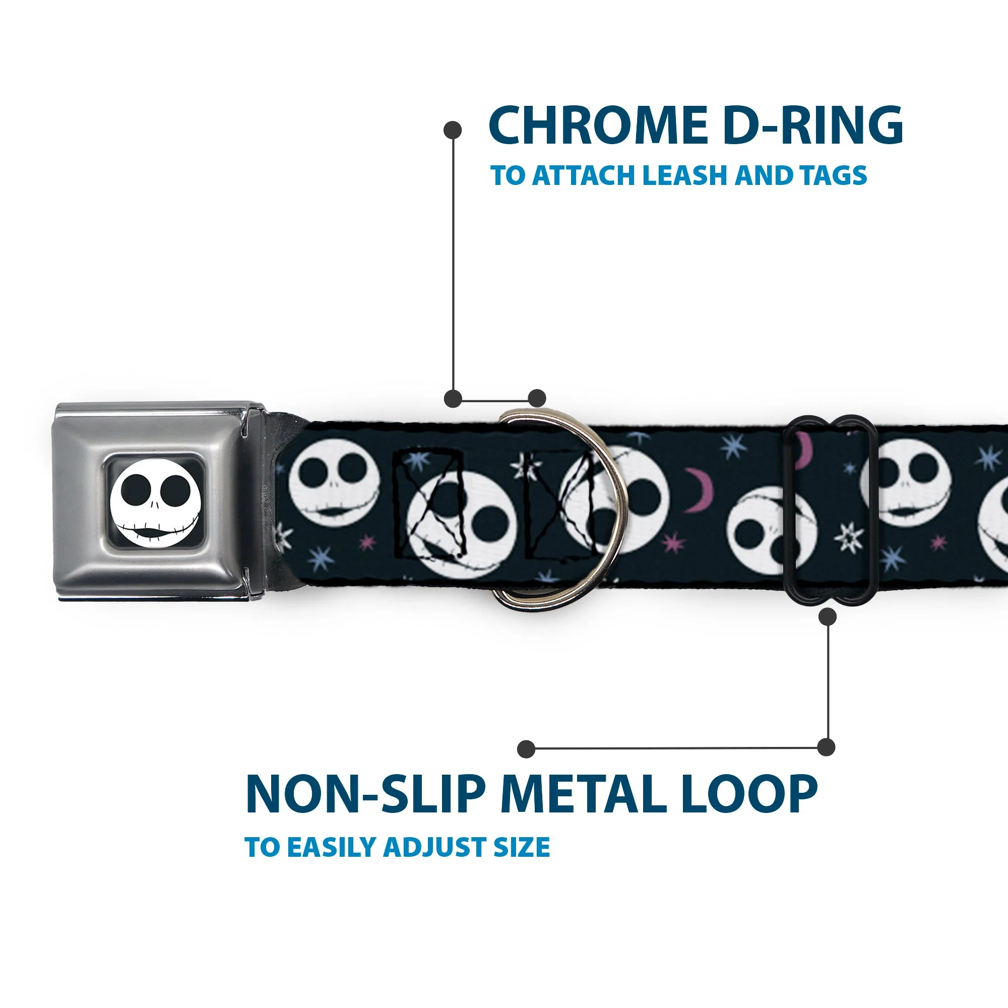 The Nightmare Before Christmas Jack Smiling Full Color Black/White Seatbelt Buckle Collar - The Nightmare Before Christmas Smiling Jack Moon and Stars Black - Image 5